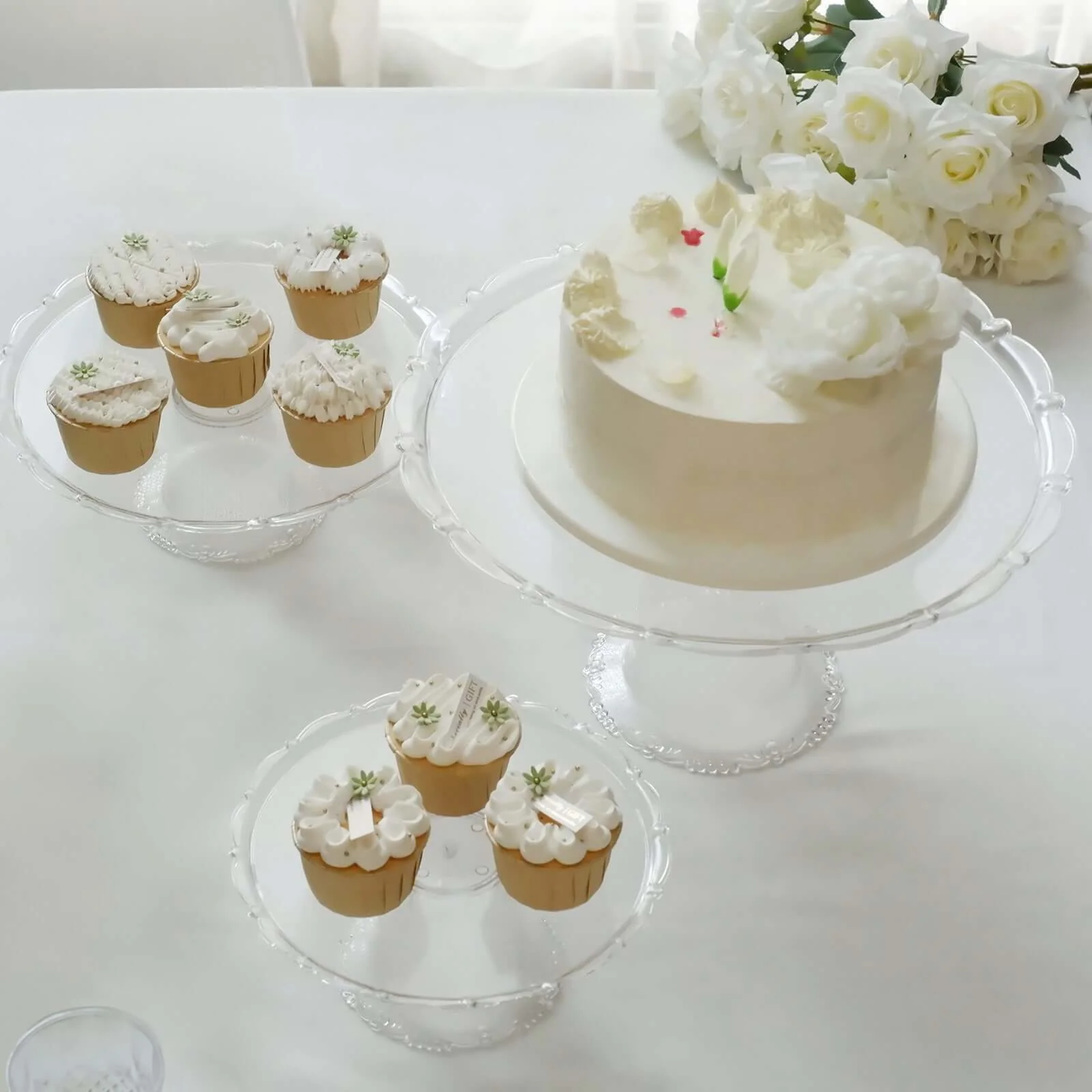 Set of 3 Plastic Round Pedestal Cake Stands 9", 11", 15" Clear with Scalloped Edges - Stackable Cupcake Dessert Holder Risers for Wedding Buffet & Catering Displays - Image 5