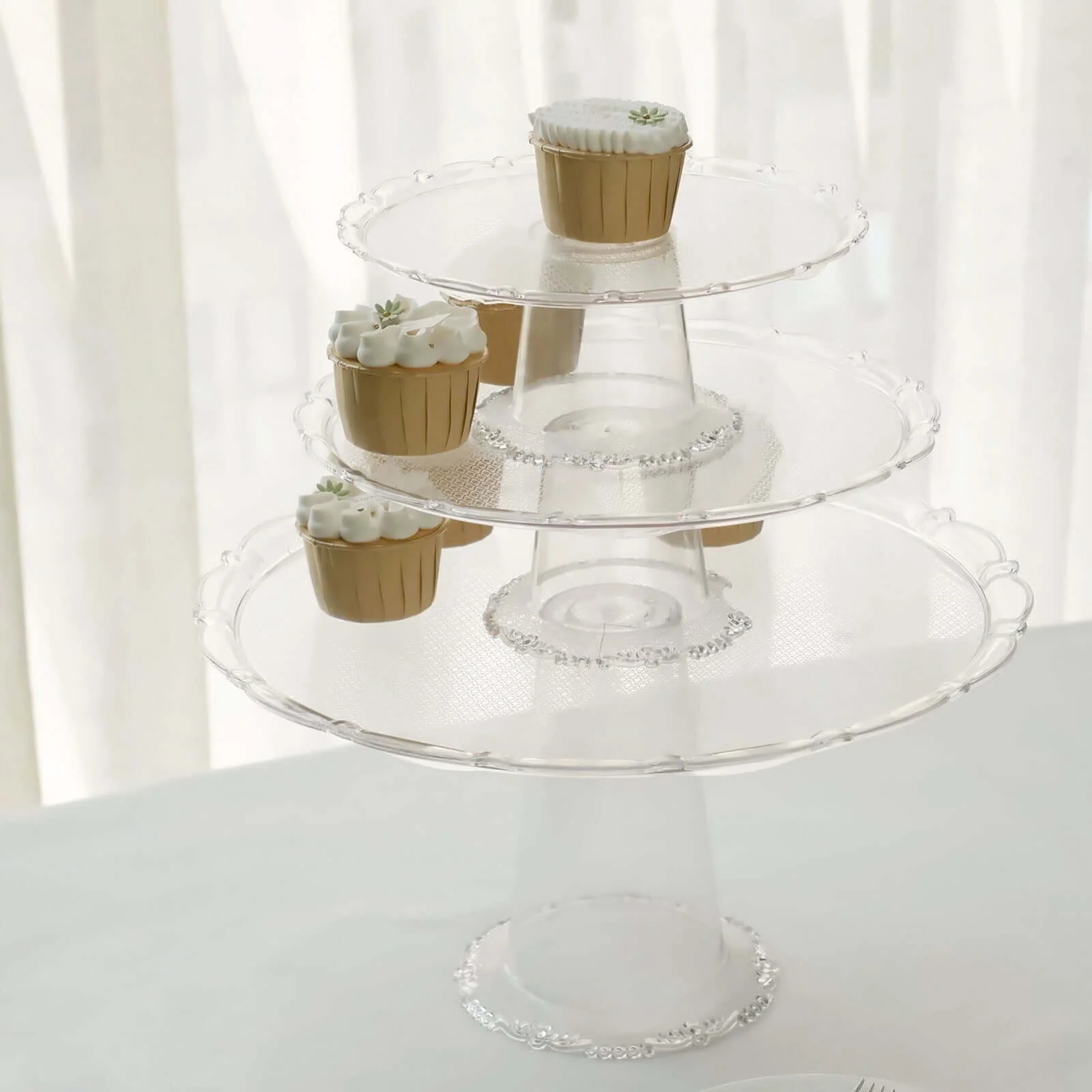 Set of 3 Plastic Round Pedestal Cake Stands 9", 11", 15" Clear with Scalloped Edges - Stackable Cupcake Dessert Holder Risers for Wedding Buffet & Catering Displays - Image 7