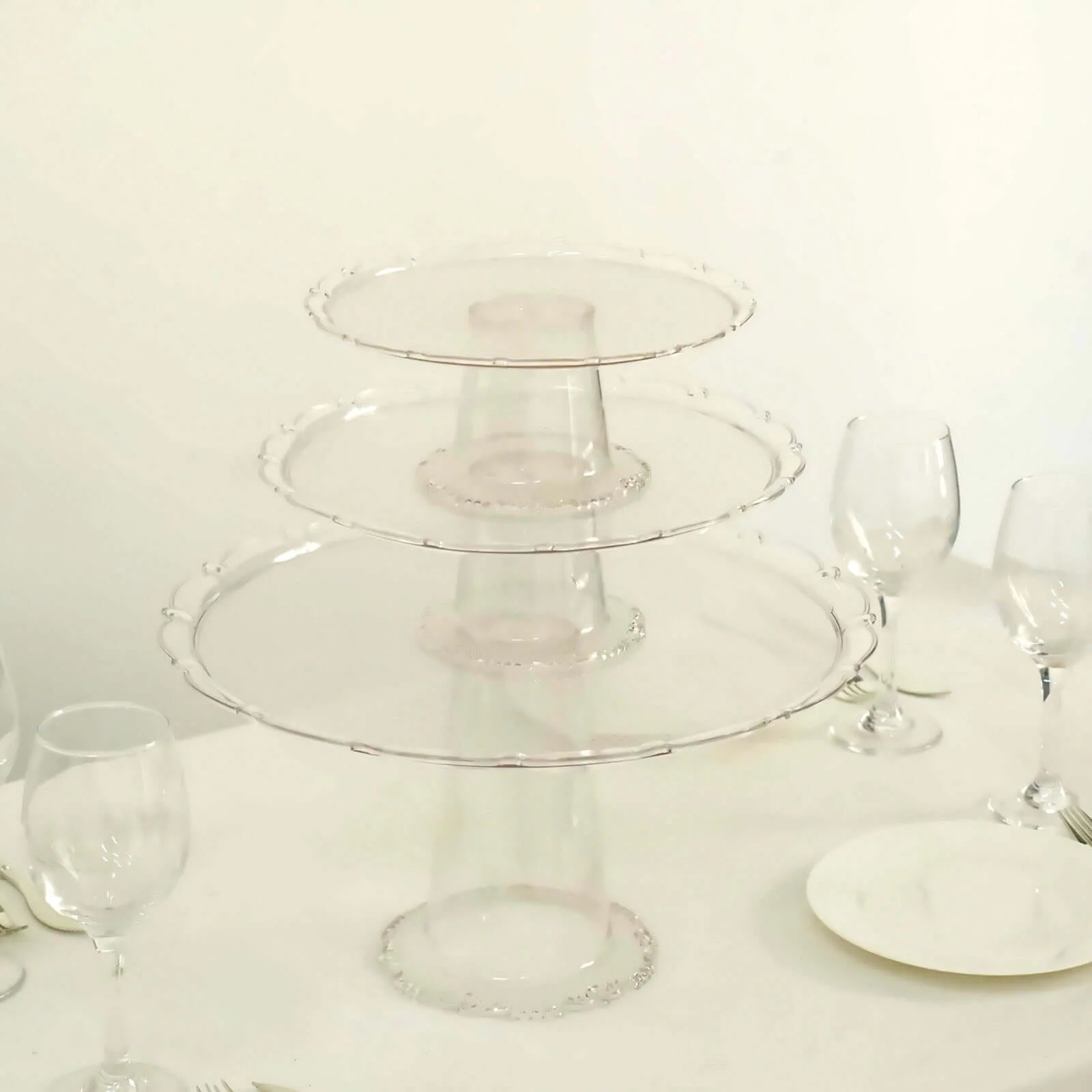 Set of 3 Plastic Round Pedestal Cake Stands 9", 11", 15" Clear with Scalloped Edges - Stackable Cupcake Dessert Holder Risers for Wedding Buffet & Catering Displays - Image 8