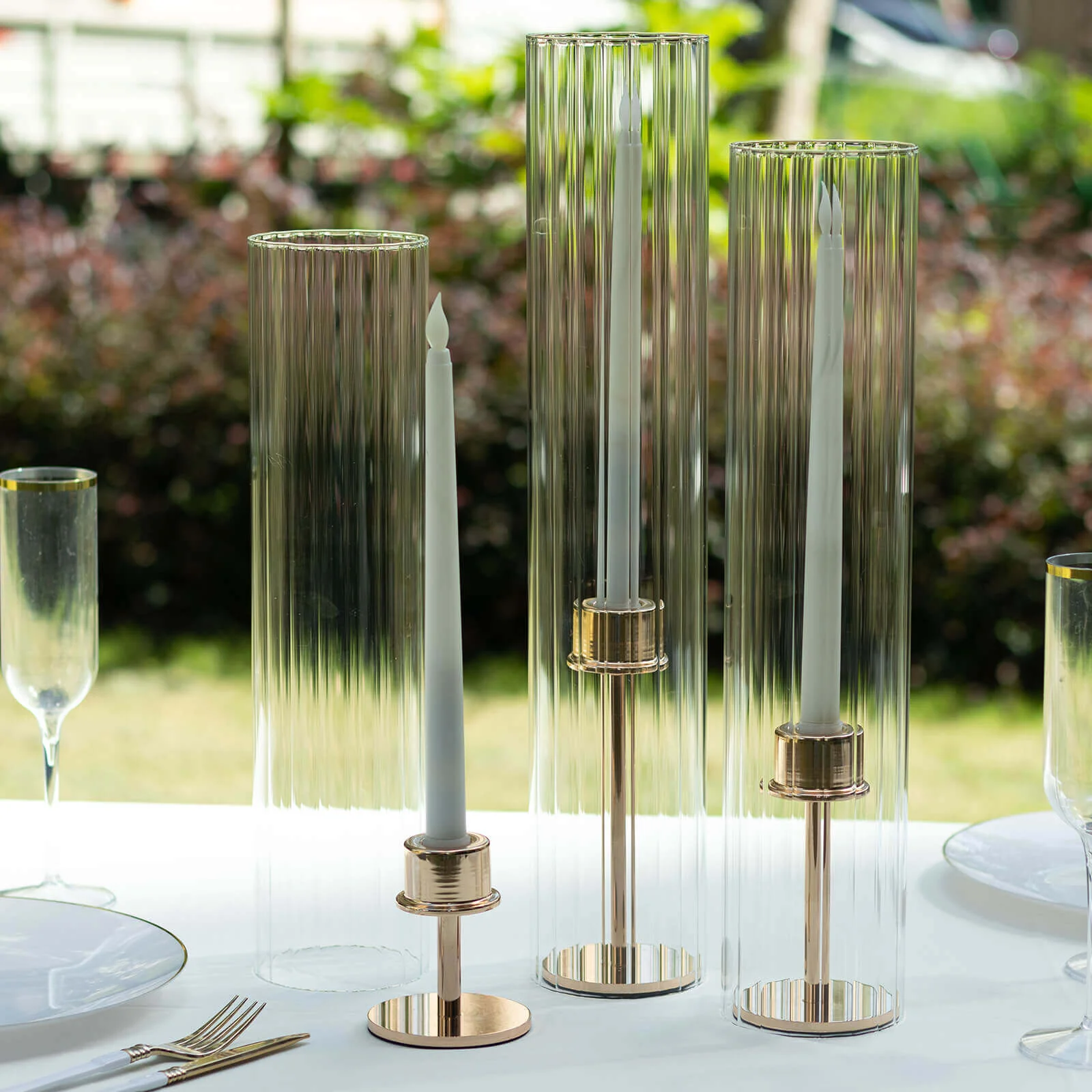 Set of 3 Ribbed Glass Candelabra Shades Hurricane Design 15", 17", 19" Clear - Chic Open End Pillar Candle Holder Table Centerpiece - Image 3