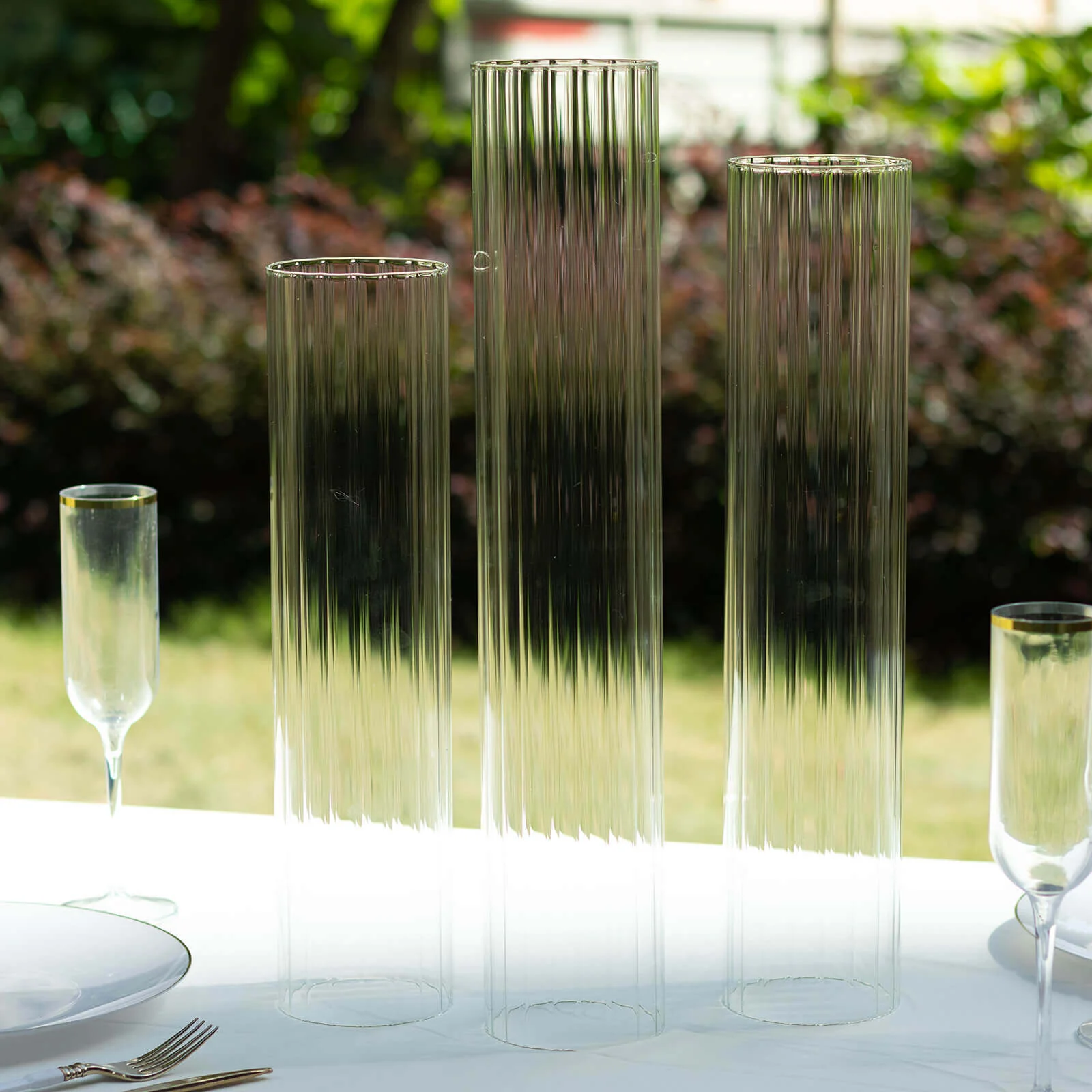 Set of 3 Ribbed Glass Candelabra Shades Hurricane Design 15", 17", 19" Clear - Chic Open End Pillar Candle Holder Table Centerpiece - Image 8