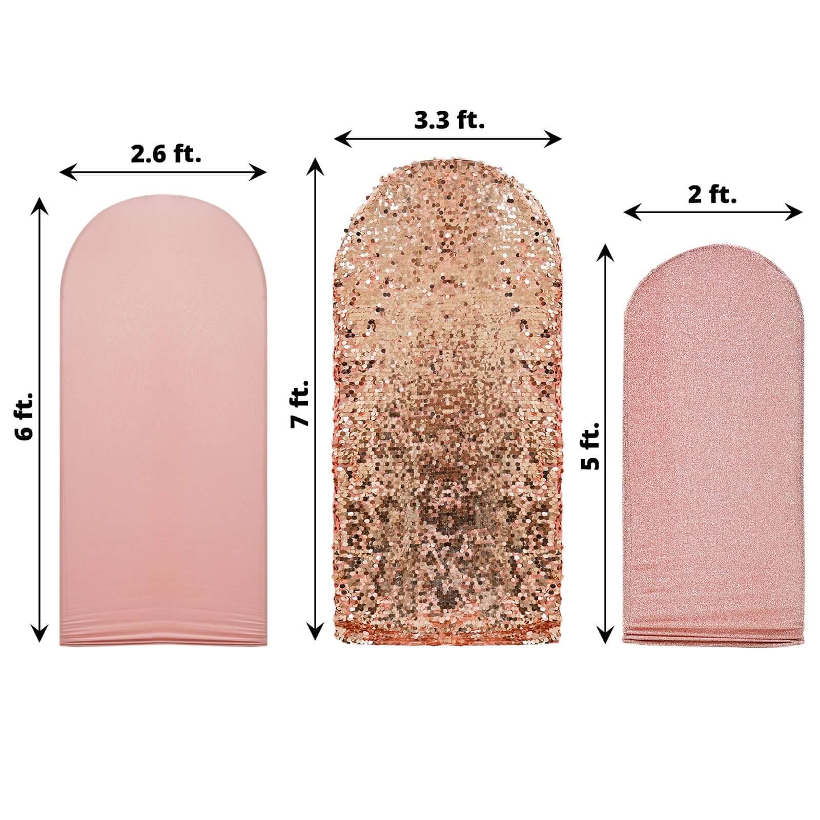 Set of 3 Rose Gold Round Top Fitted Backdrop Stand Covers, Big Payette Sequin, Shimmer Tinsel and Matte Spandex Wedding Arch Frame Covers - Image 3