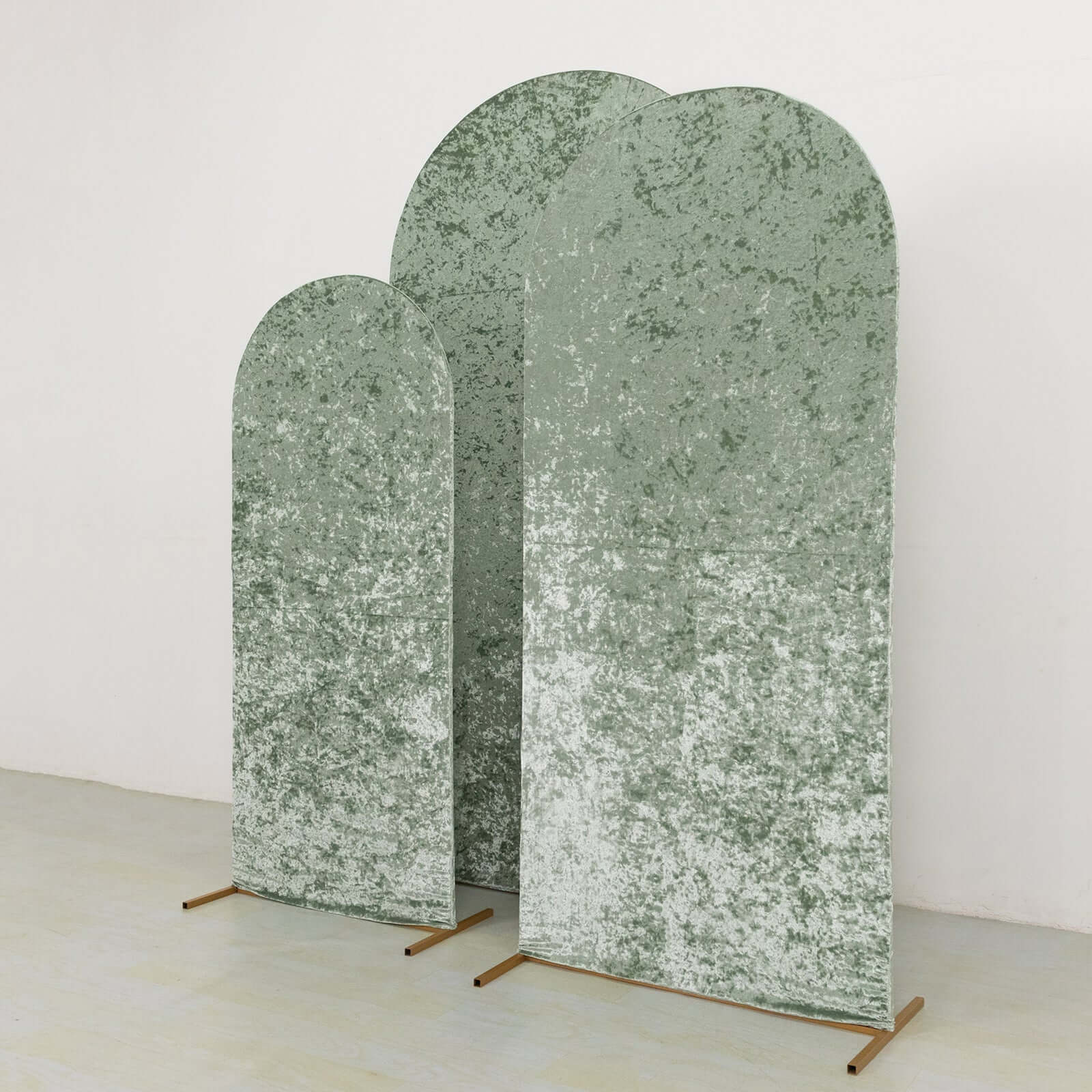 Set of 3 Sage Green Crushed Velvet Chiara Wedding Arch Covers For Round Top Backdrop Stands 5ft, 6ft, 7ft - Image 2