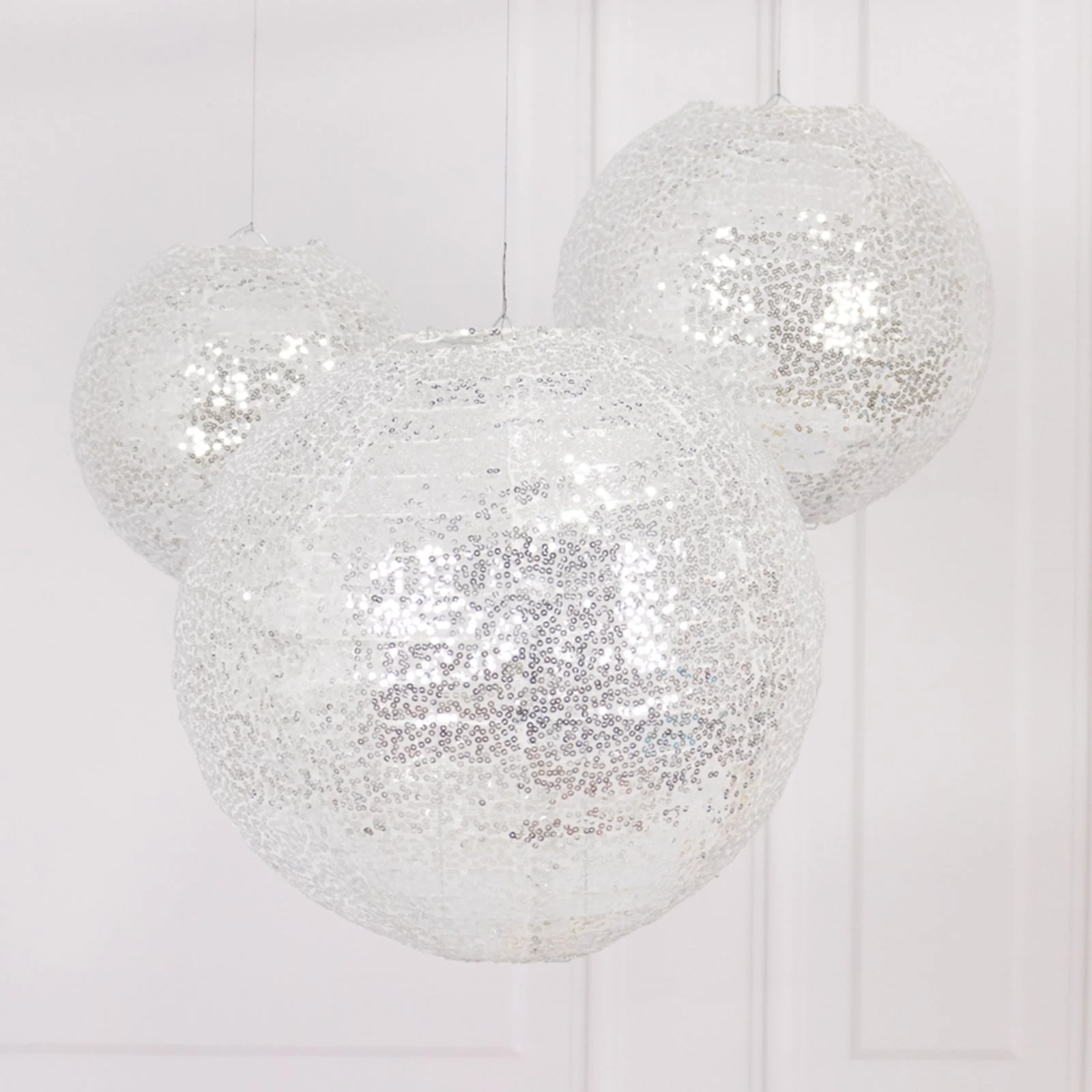 Set of 3 Shimmer Silver Sequin Fabric Hanging Lanterns, Decorative Round Foldable Chinese Lantern Lampshades - 8",10",12"