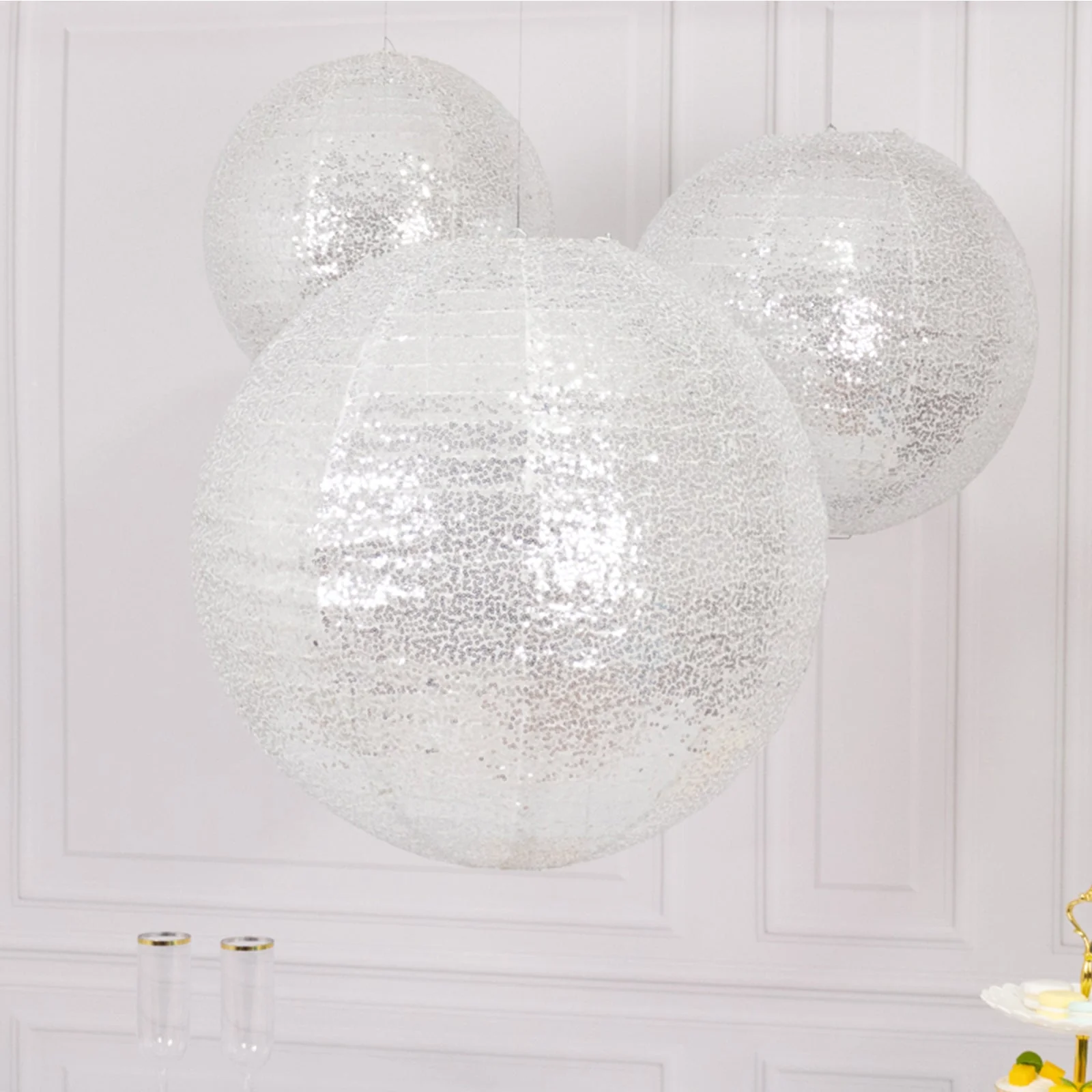 Set of 3 Shimmer Silver Sequin Fabric Hanging Lanterns, Large Decorative Round Foldable Chinese Lantern Lampshades - 14",16",20" - Image 4