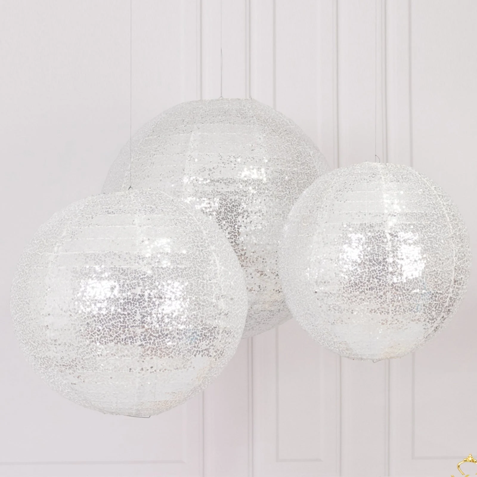 Set of 3 Shimmer Silver Sequin Fabric Hanging Lanterns, Large Decorative Round Foldable Chinese Lantern Lampshades - 14",16",20" - Image 5