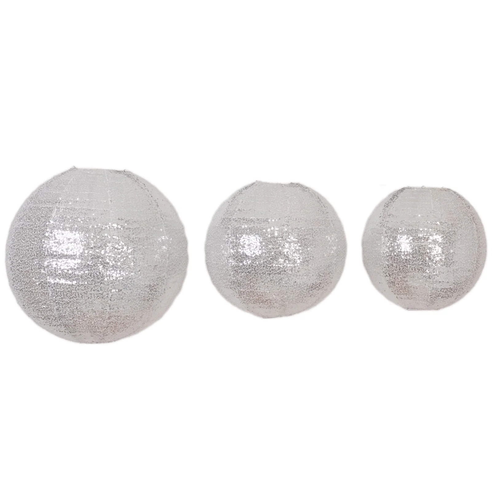 Set of 3 Shimmer Silver Sequin Fabric Hanging Lanterns, Large Decorative Round Foldable Chinese Lantern Lampshades - 14",16",20" - Image 6