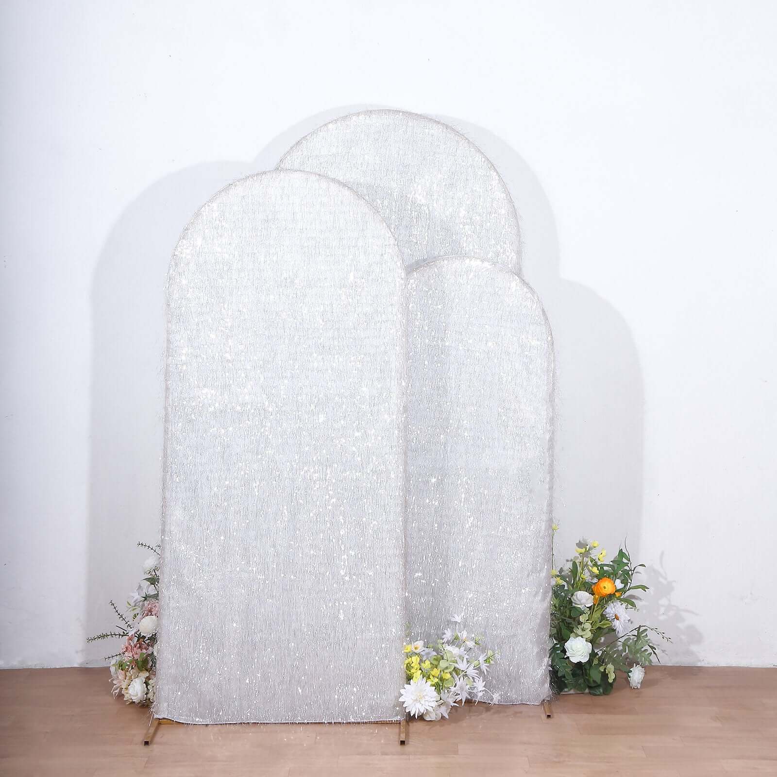 Set of 3 Silver Metallic Fringe Chiara Backdrop Stand Covers, Fitted Covers For Round Top Wedding Arches 5ft, 6ft, 7ft - Image 2