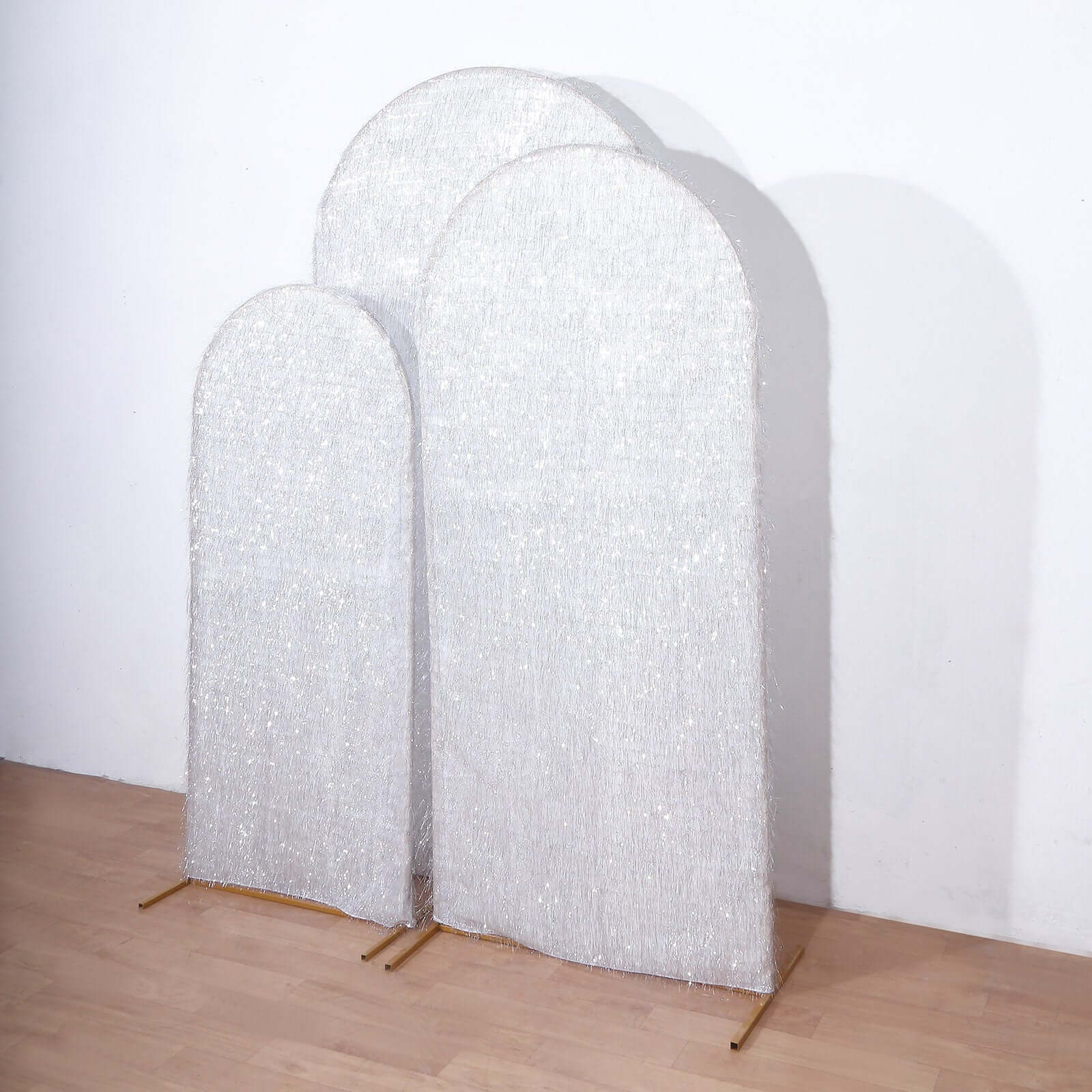 Set of 3 Silver Metallic Fringe Chiara Backdrop Stand Covers, Fitted Covers For Round Top Wedding Arches 5ft, 6ft, 7ft - Image 5