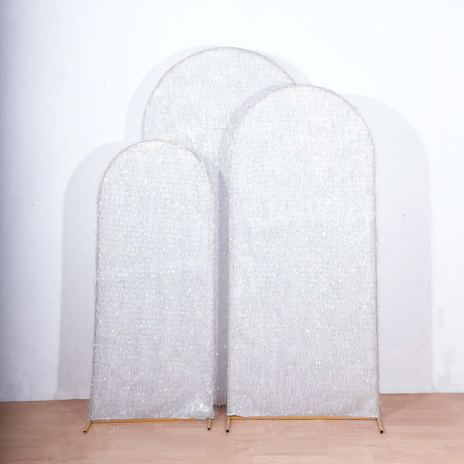 Set of 3 Silver Metallic Fringe Chiara Backdrop Stand Covers, Fitted Covers For Round Top Wedding Arches 5ft, 6ft, 7ft - Image 6