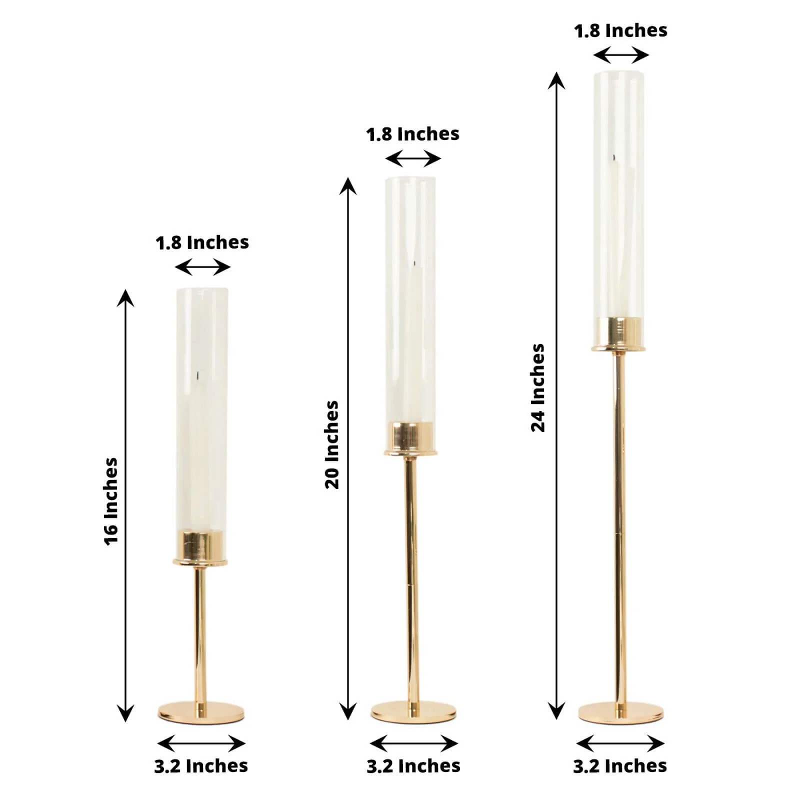 Set of 3 Tall Gold Metal Taper Candlestick Holders 16", 20", 24" - Clear Glass Hurricane Candle Stands With Chimney Candle Shades - Image 3
