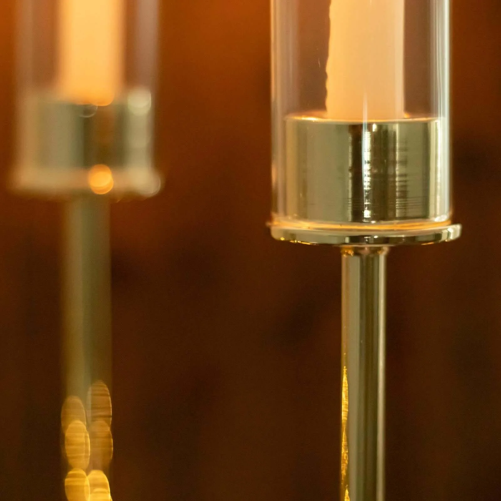 Set of 3 Tall Gold Metal Taper Candlestick Holders 16", 20", 24" - Clear Glass Hurricane Candle Stands With Chimney Candle Shades - Image 6