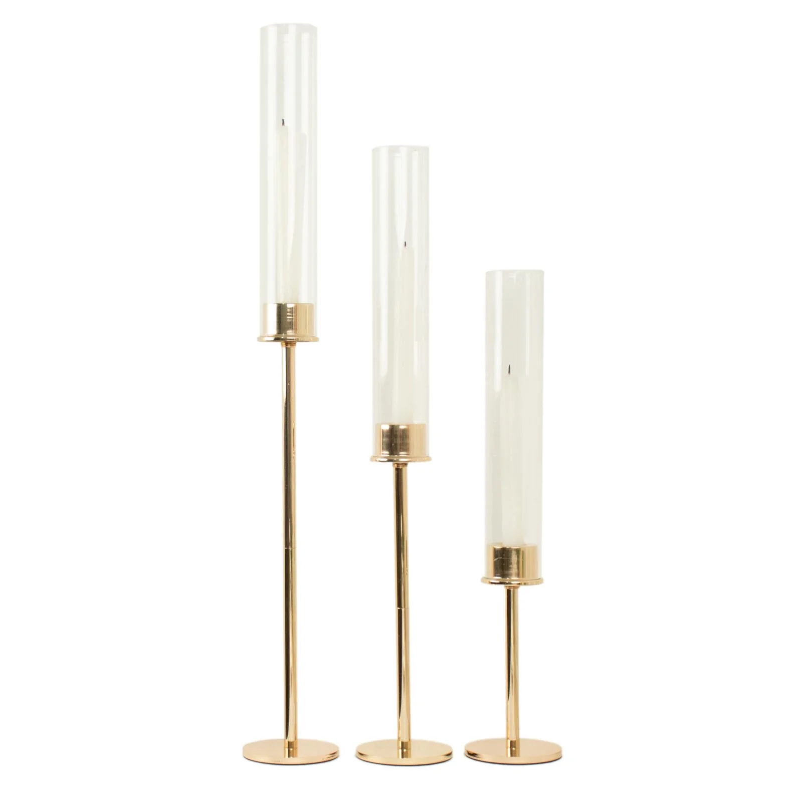 Set of 3 Tall Gold Metal Taper Candlestick Holders 16", 20", 24" - Clear Glass Hurricane Candle Stands With Chimney Candle Shades - Image 9