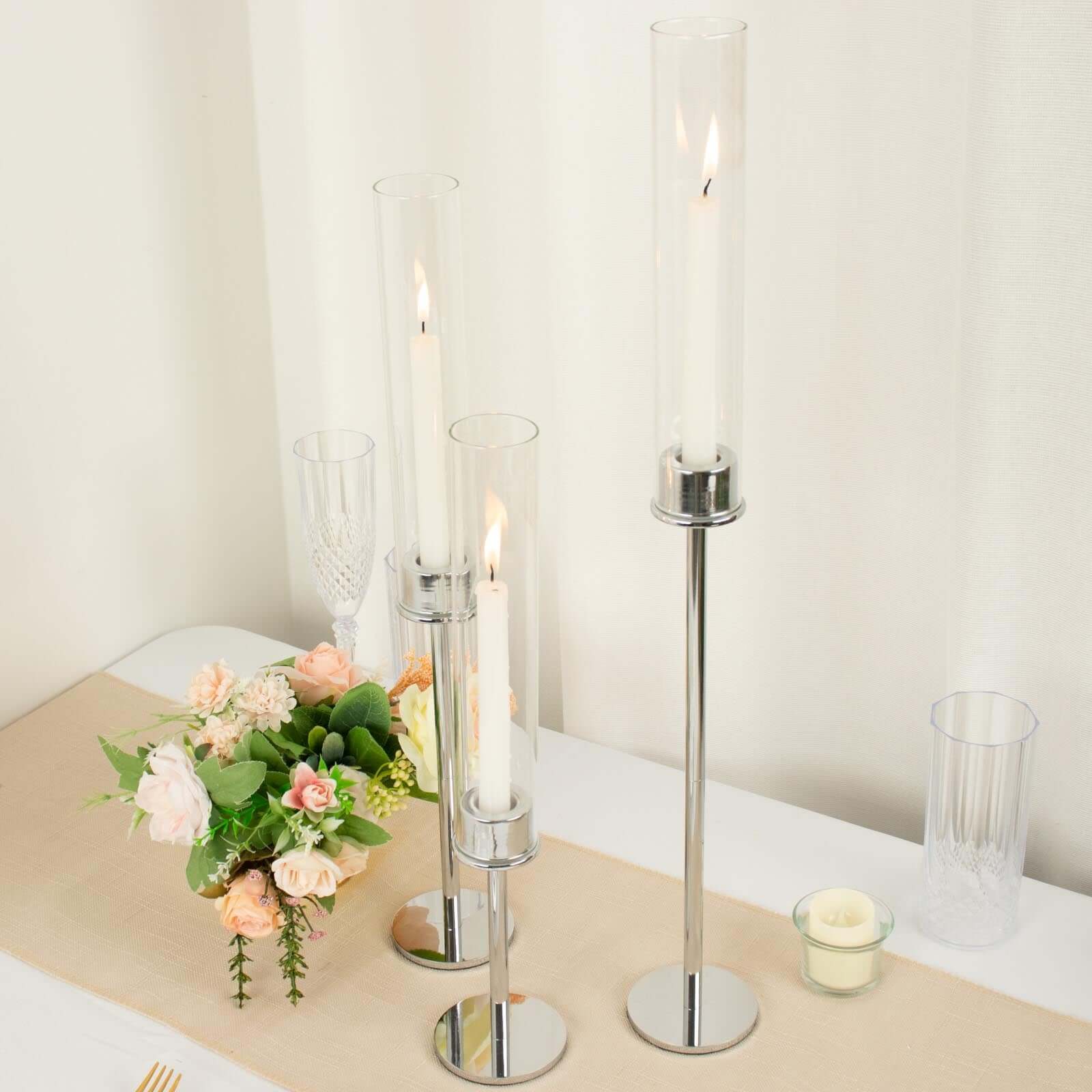 Set of 3 Tall Silver Metal Taper Candlestick Holders 16", 20", 24" - Clear Glass Hurricane Candle Stands With Chimney Candle Shades - Image 2