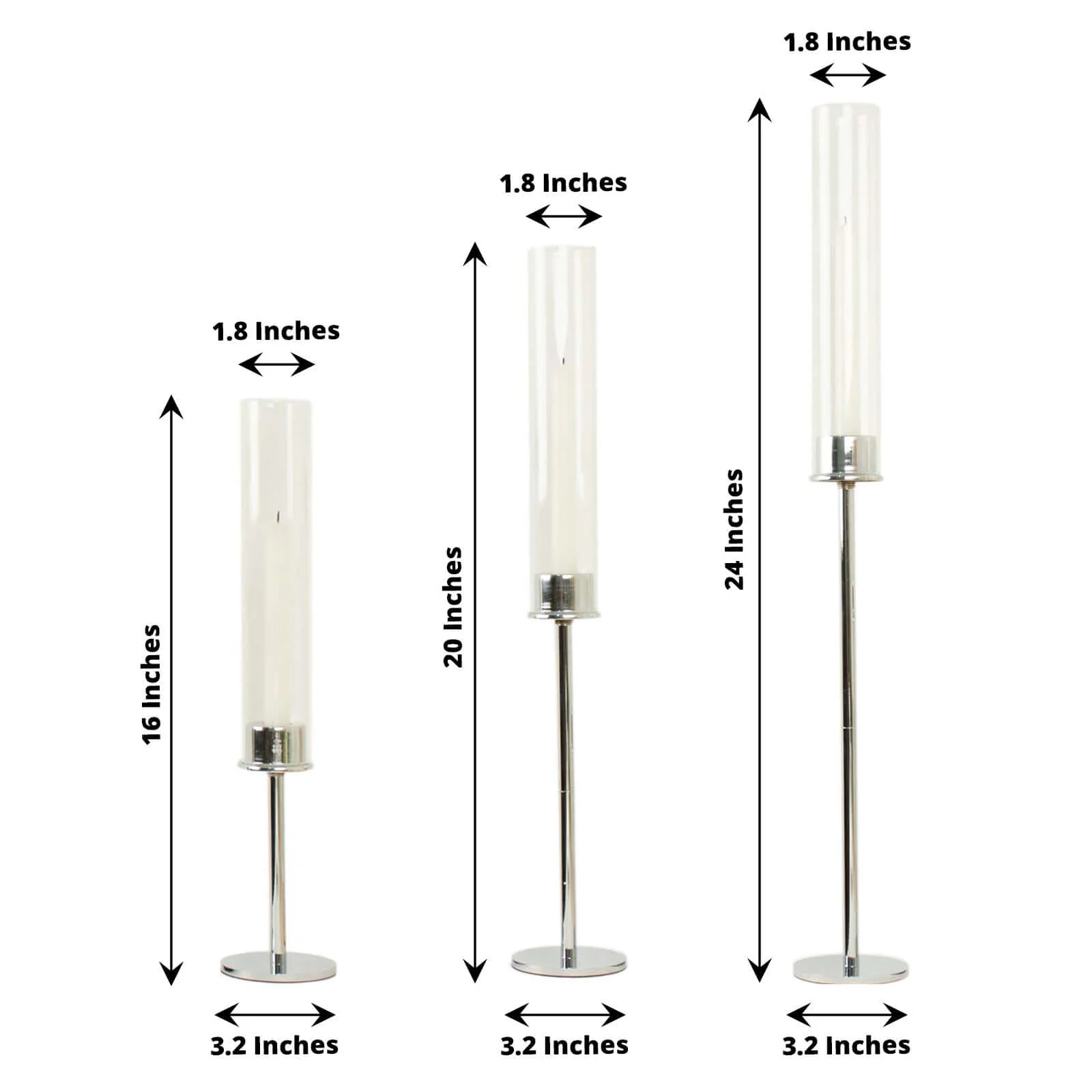 Set of 3 Tall Silver Metal Taper Candlestick Holders 16", 20", 24" - Clear Glass Hurricane Candle Stands With Chimney Candle Shades - Image 3