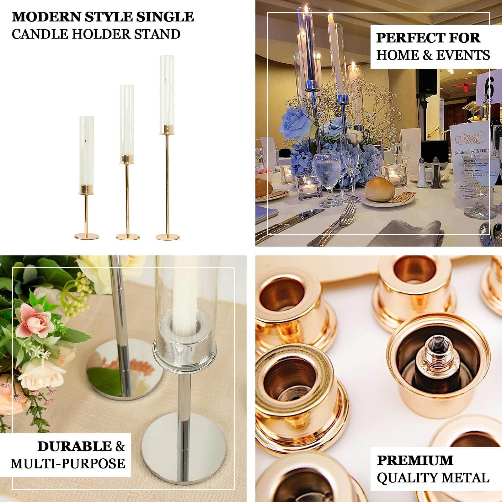 Set of 3 Tall Silver Metal Taper Candlestick Holders 16", 20", 24" - Clear Glass Hurricane Candle Stands With Chimney Candle Shades - Image 4