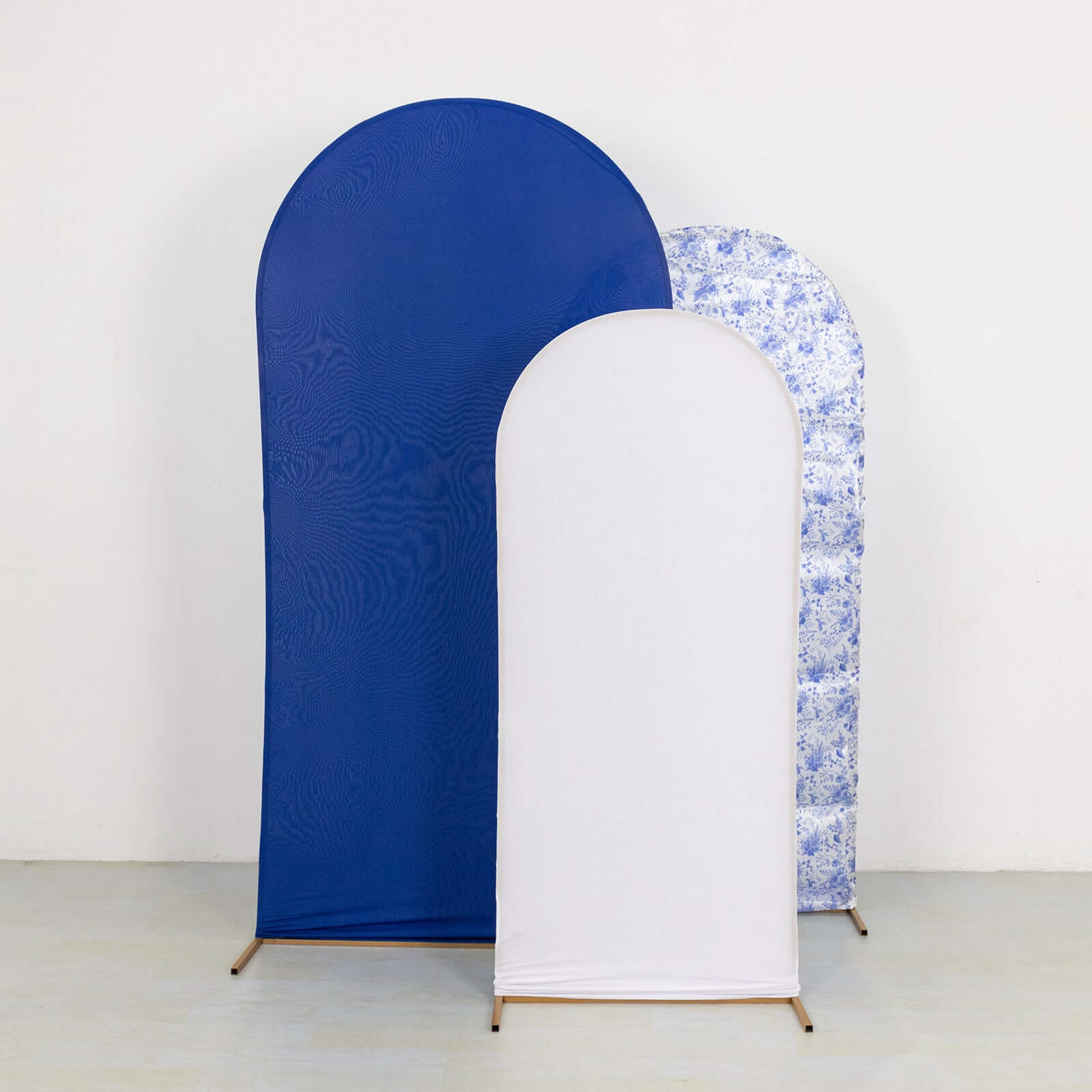Set of 3 White Blue Fitted Backdrop Stand Covers with Round Top, French Toile Pattern and Matte Spandex Wedding Arch Frame Covers - Image 5