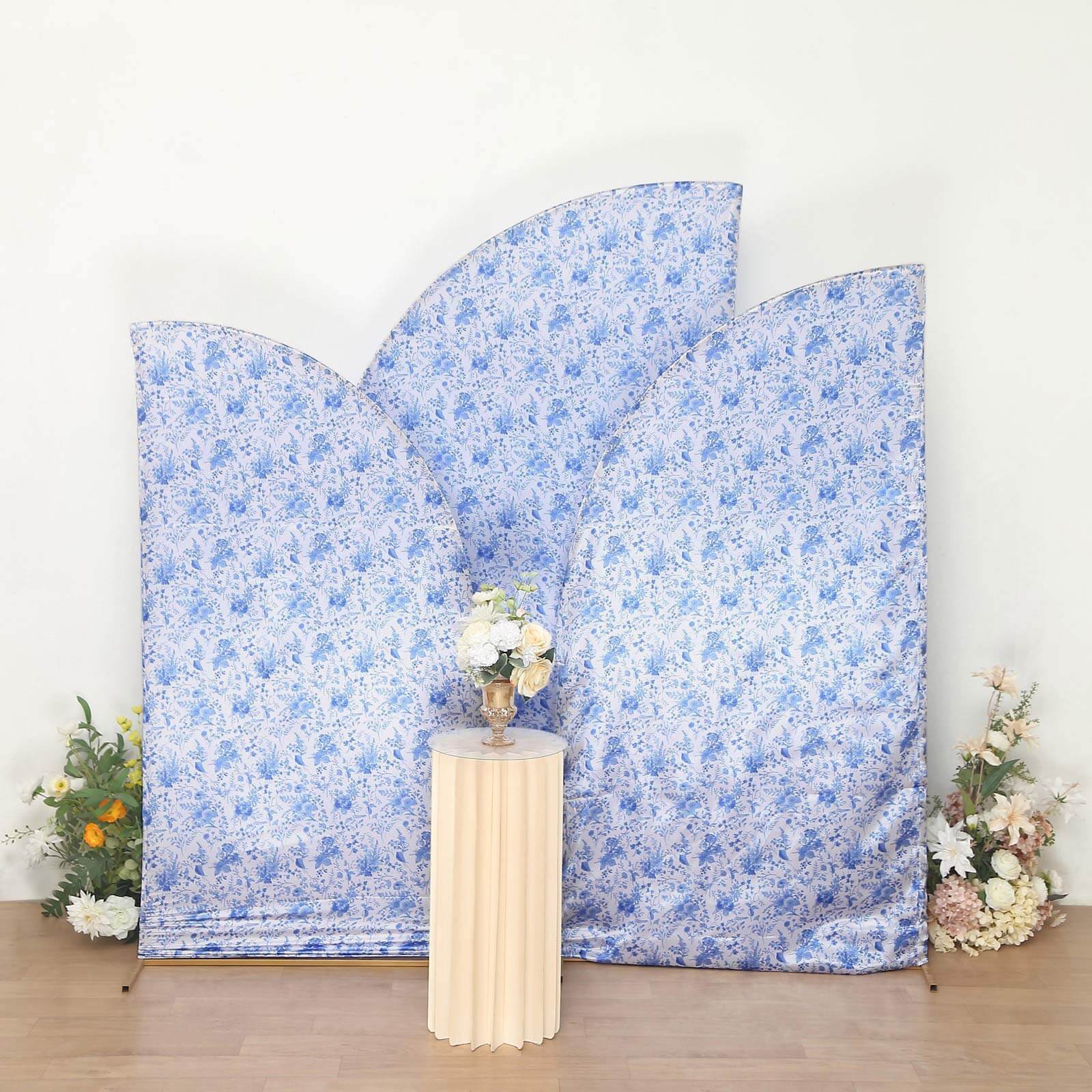 Set of 3 White Blue Satin Chiara Backdrop Stand Covers in French Toile Floral Pattern, Fitted Covers For Half Moon Wedding Arches 5ft, 6ft, 7ft - Image 8