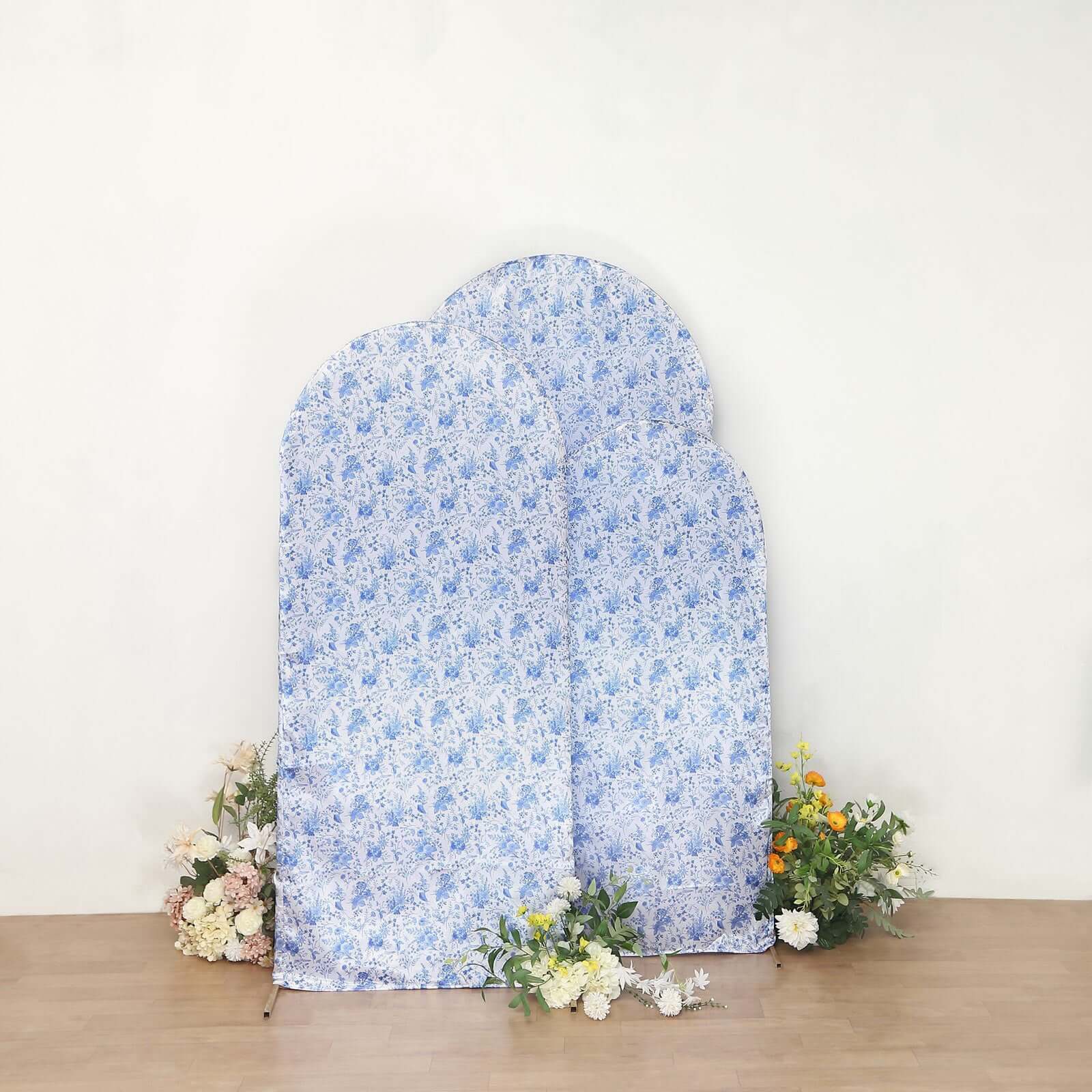 Set of 3 White Blue Satin Chiara Backdrop Stand Covers in French Toile Floral Pattern, Fitted Covers For Round Top Wedding Arches - 5ft,6ft,7ft - Image 6