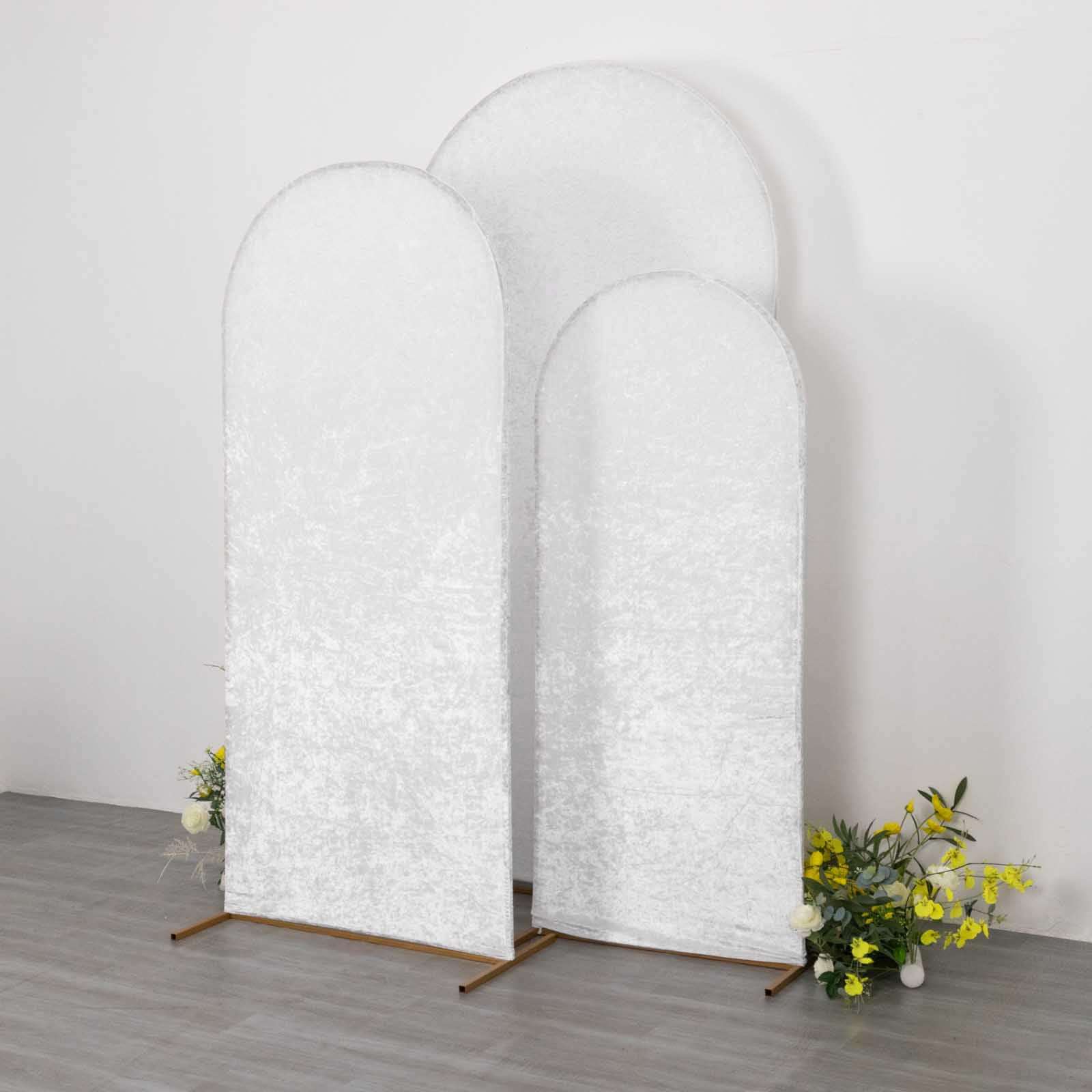 Set of 3 White Crushed Velvet Chiara Wedding Arch Covers For Round Top Backdrop Stands 5ft, 6ft, 7ft - Image 10