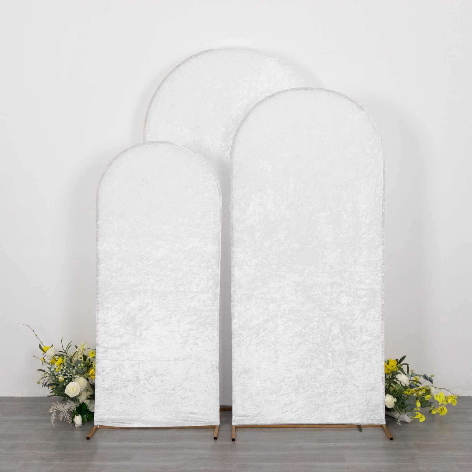 Set of 3 White Crushed Velvet Chiara Wedding Arch Covers For Round Top Backdrop Stands 5ft, 6ft, 7ft - Image 14