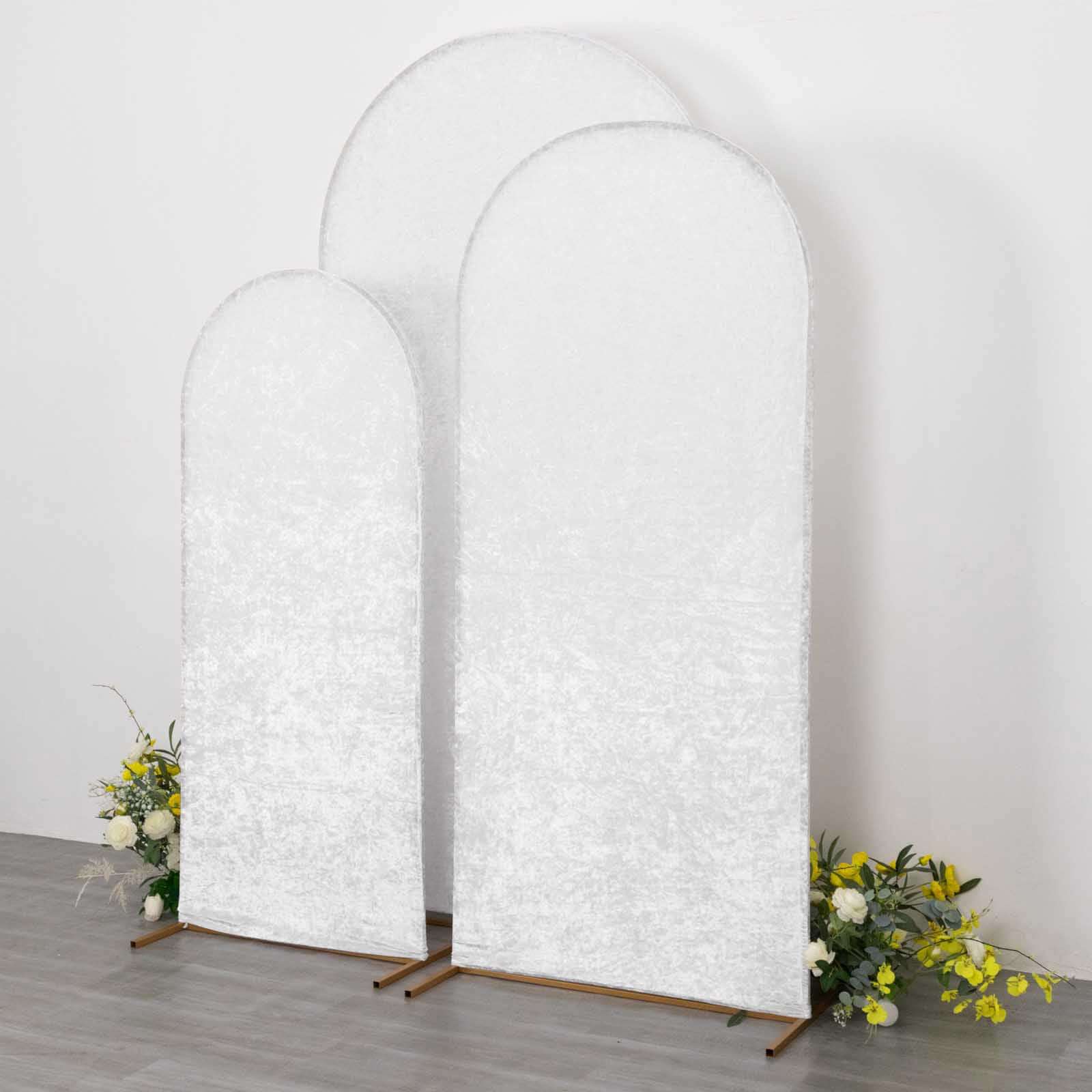 Set of 3 White Crushed Velvet Chiara Wedding Arch Covers For Round Top Backdrop Stands 5ft, 6ft, 7ft - Image 9