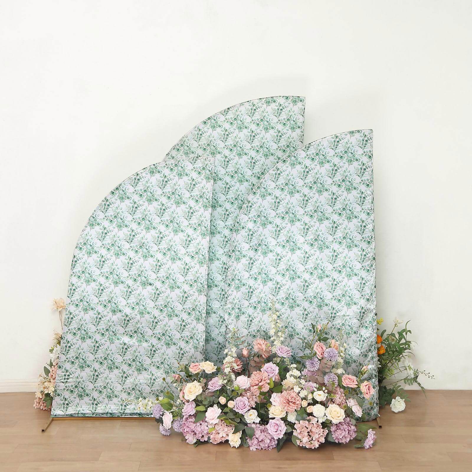 Set of 3 White Green Satin Chiara Backdrop Stand Covers With Eucalyptus Leaves Print, Fitted Covers For Half Moon Wedding Arches 5ft, 6ft, 7ft - Image 2