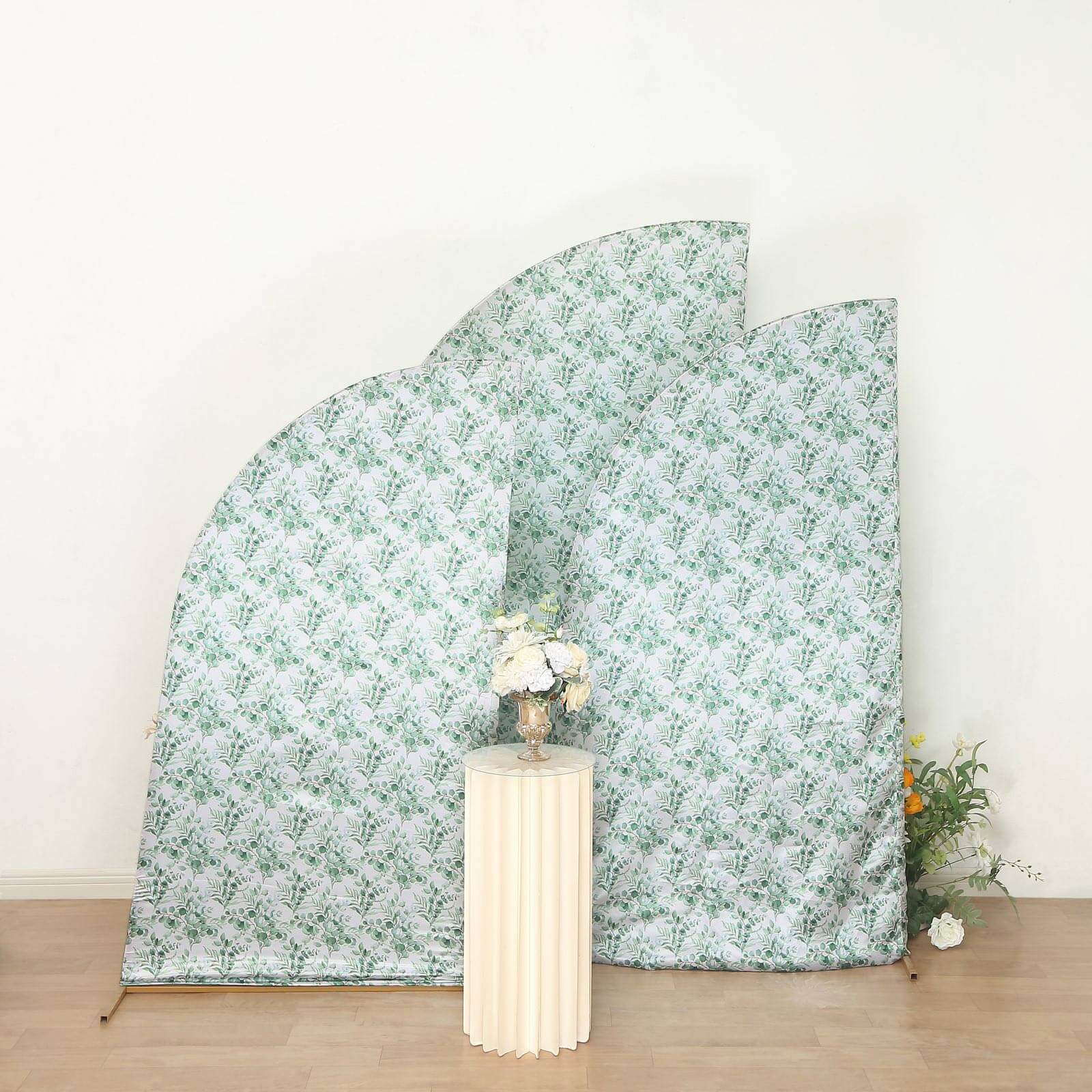Set of 3 White Green Satin Chiara Backdrop Stand Covers With Eucalyptus Leaves Print, Fitted Covers For Half Moon Wedding Arches 5ft, 6ft, 7ft - Image 5