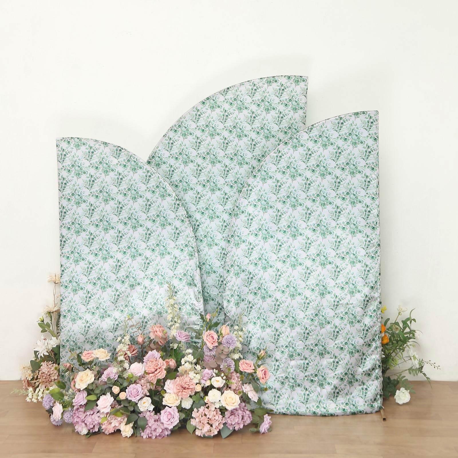 Set of 3 White Green Satin Chiara Backdrop Stand Covers With Eucalyptus Leaves Print, Fitted Covers For Half Moon Wedding Arches 5ft, 6ft, 7ft - Image 6