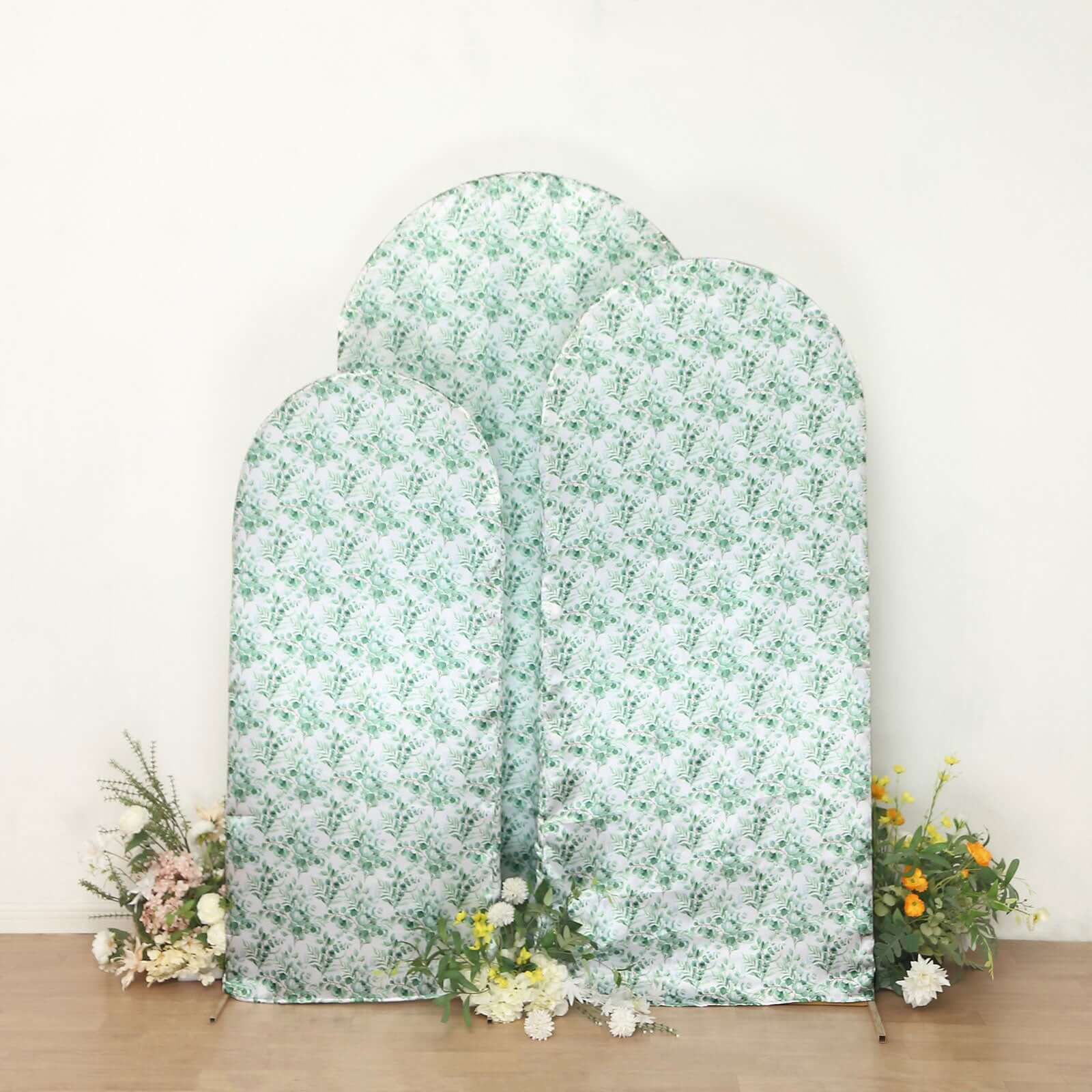 Set of 3 White Green Satin Chiara Backdrop Stand Covers With Eucalyptus Leaves Print, Fitted Covers For Round Top Wedding Arches - 5ft,6ft,7ft