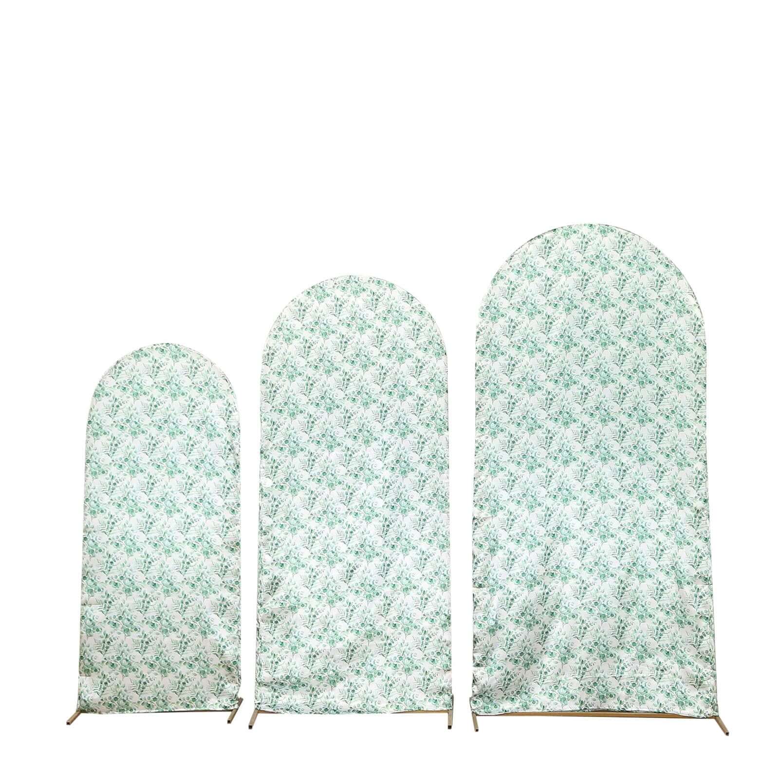 Set of 3 White Green Satin Chiara Backdrop Stand Covers With Eucalyptus Leaves Print, Fitted Covers For Round Top Wedding Arches - 5ft,6ft,7ft - Image 7