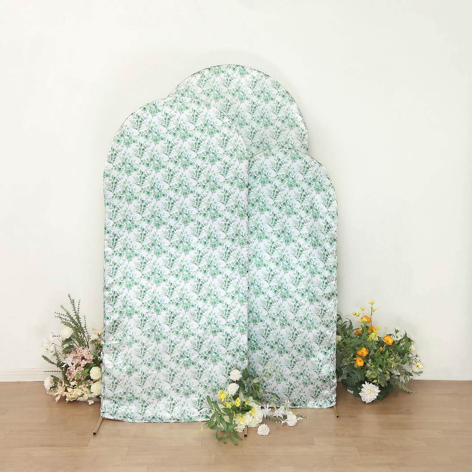 Set of 3 White Green Satin Chiara Backdrop Stand Covers With Eucalyptus Leaves Print, Fitted Covers For Round Top Wedding Arches - 5ft,6ft,7ft - Image 8