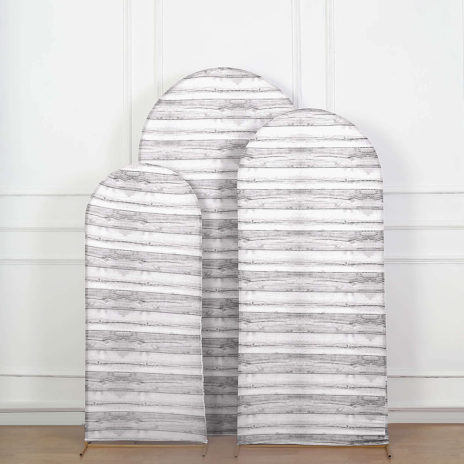 Set of 3 White Rustic Wood Plank Pattern Spandex Fitted Wedding Arch Covers For Round Top Chiara Backdrop Stands 5ft, 6ft, 7ft