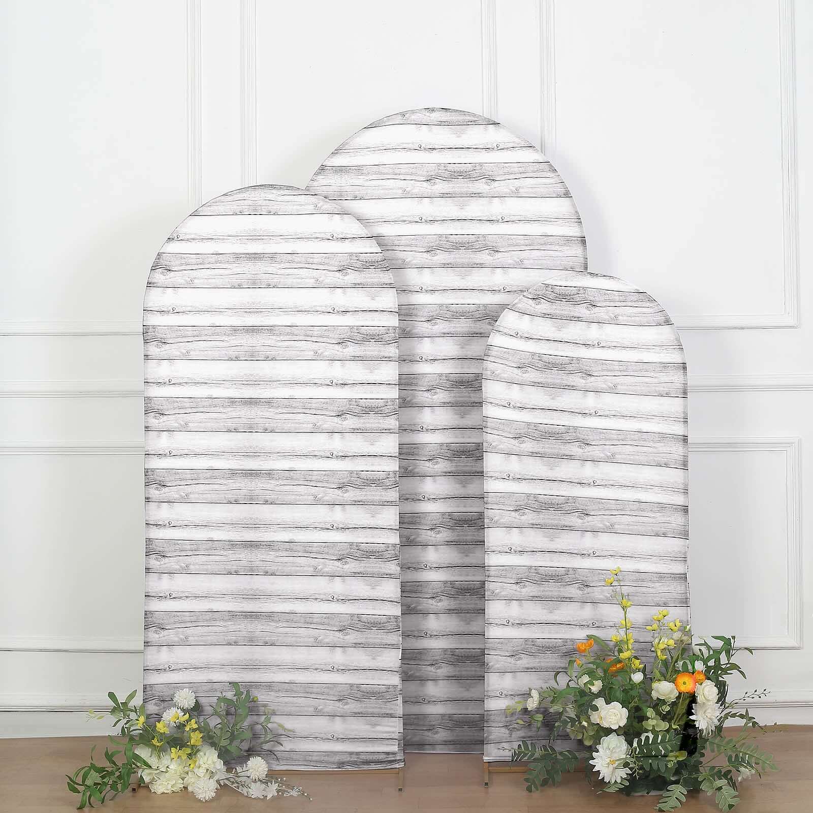 Set of 3 White Rustic Wood Plank Pattern Spandex Fitted Wedding Arch Covers For Round Top Chiara Backdrop Stands 5ft, 6ft, 7ft - Image 2