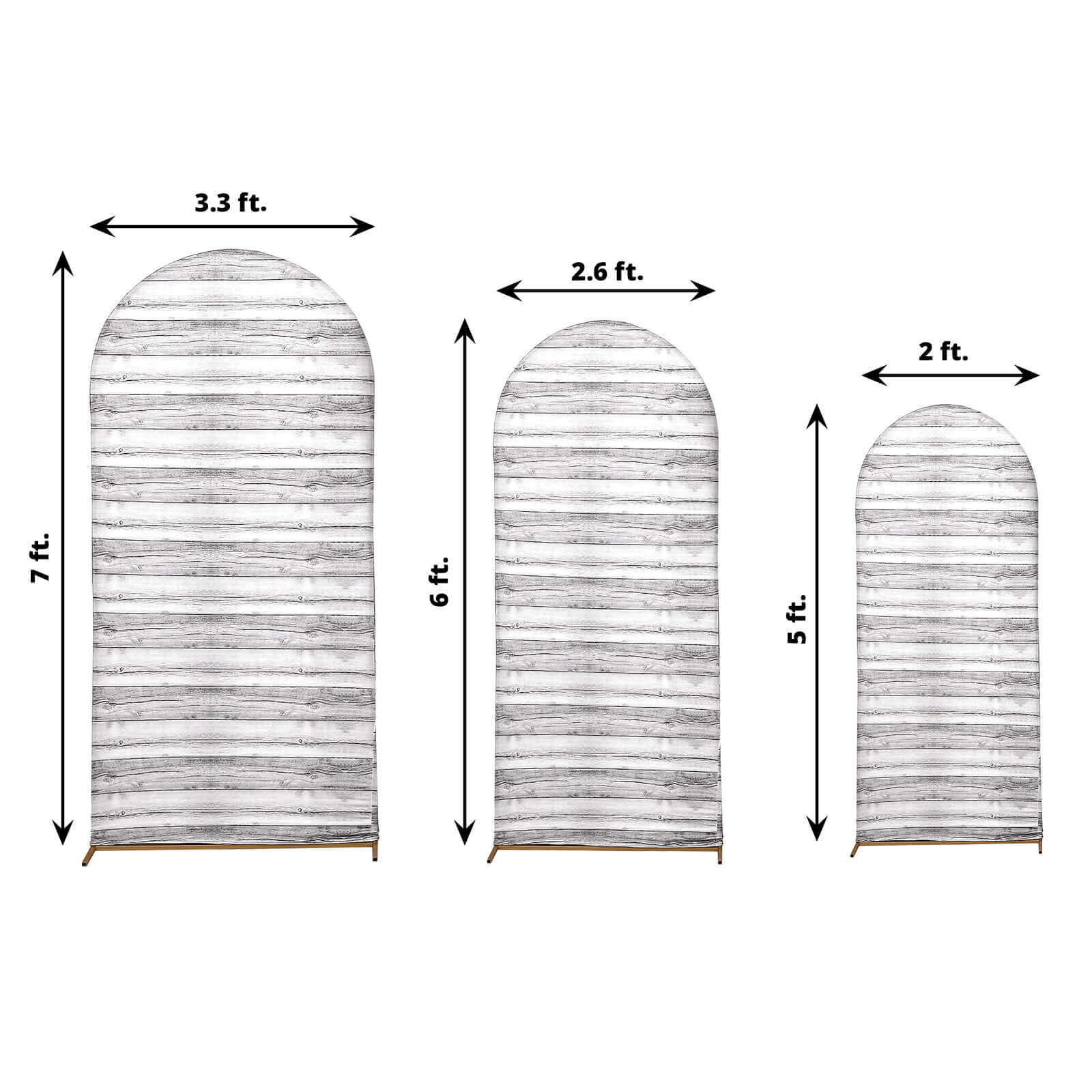 Set of 3 White Rustic Wood Plank Pattern Spandex Fitted Wedding Arch Covers For Round Top Chiara Backdrop Stands 5ft, 6ft, 7ft - Image 3
