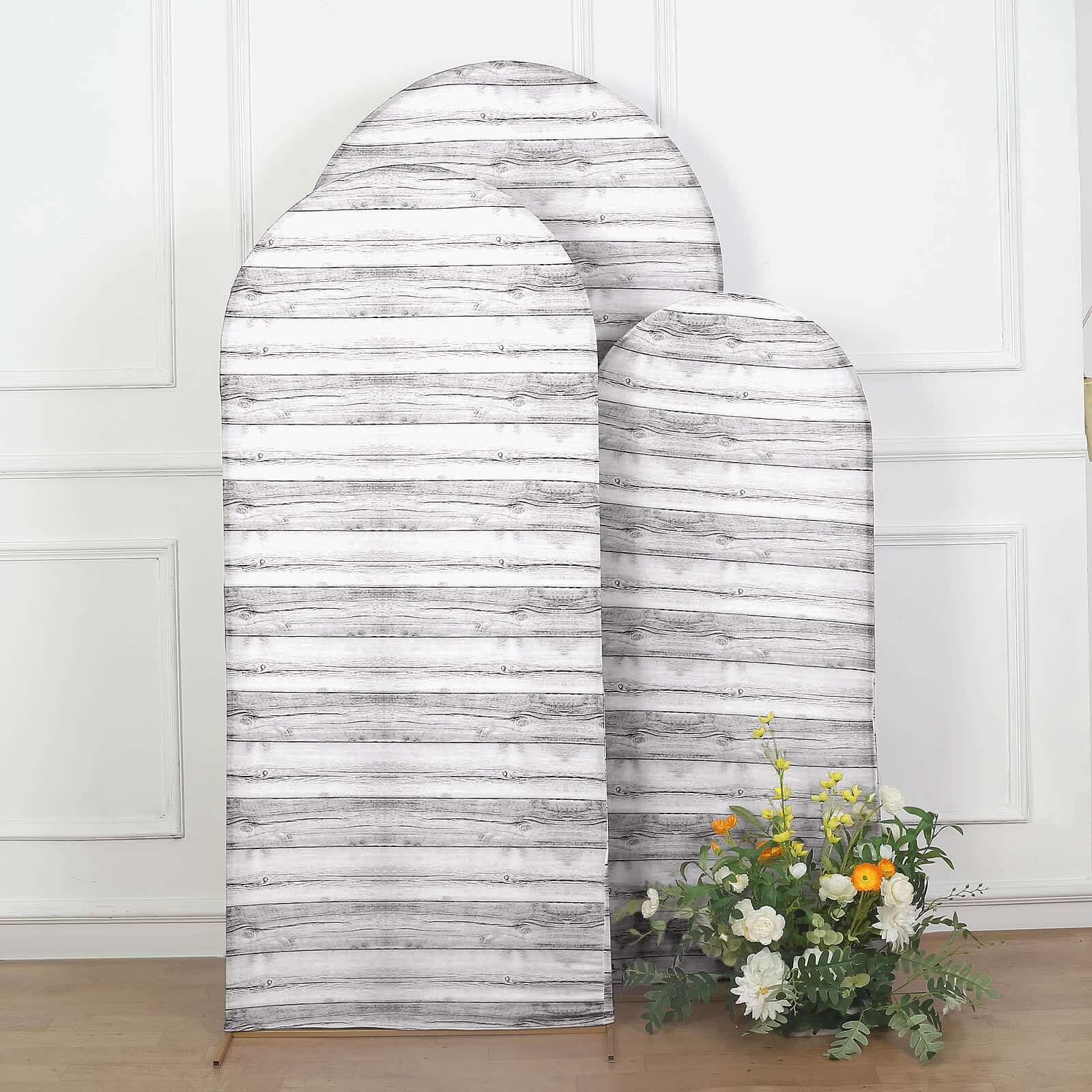 Set of 3 White Rustic Wood Plank Pattern Spandex Fitted Wedding Arch Covers For Round Top Chiara Backdrop Stands 5ft, 6ft, 7ft - Image 6
