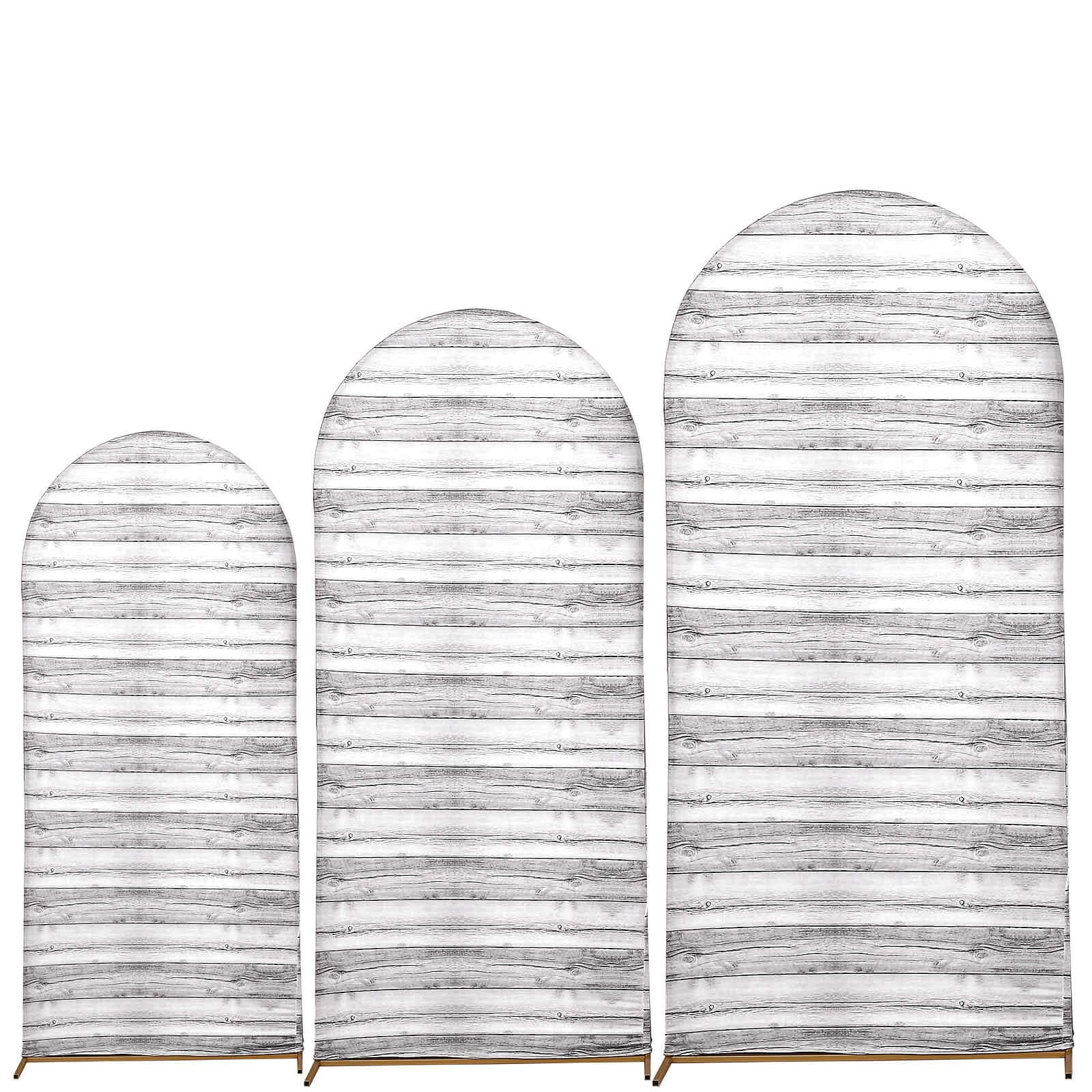 Set of 3 White Rustic Wood Plank Pattern Spandex Fitted Wedding Arch Covers For Round Top Chiara Backdrop Stands 5ft, 6ft, 7ft - Image 7