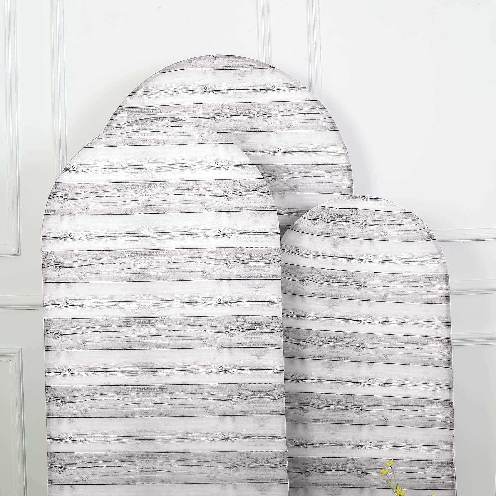 Set of 3 White Rustic Wood Plank Pattern Spandex Fitted Wedding Arch Covers For Round Top Chiara Backdrop Stands 5ft, 6ft, 7ft - Image 8