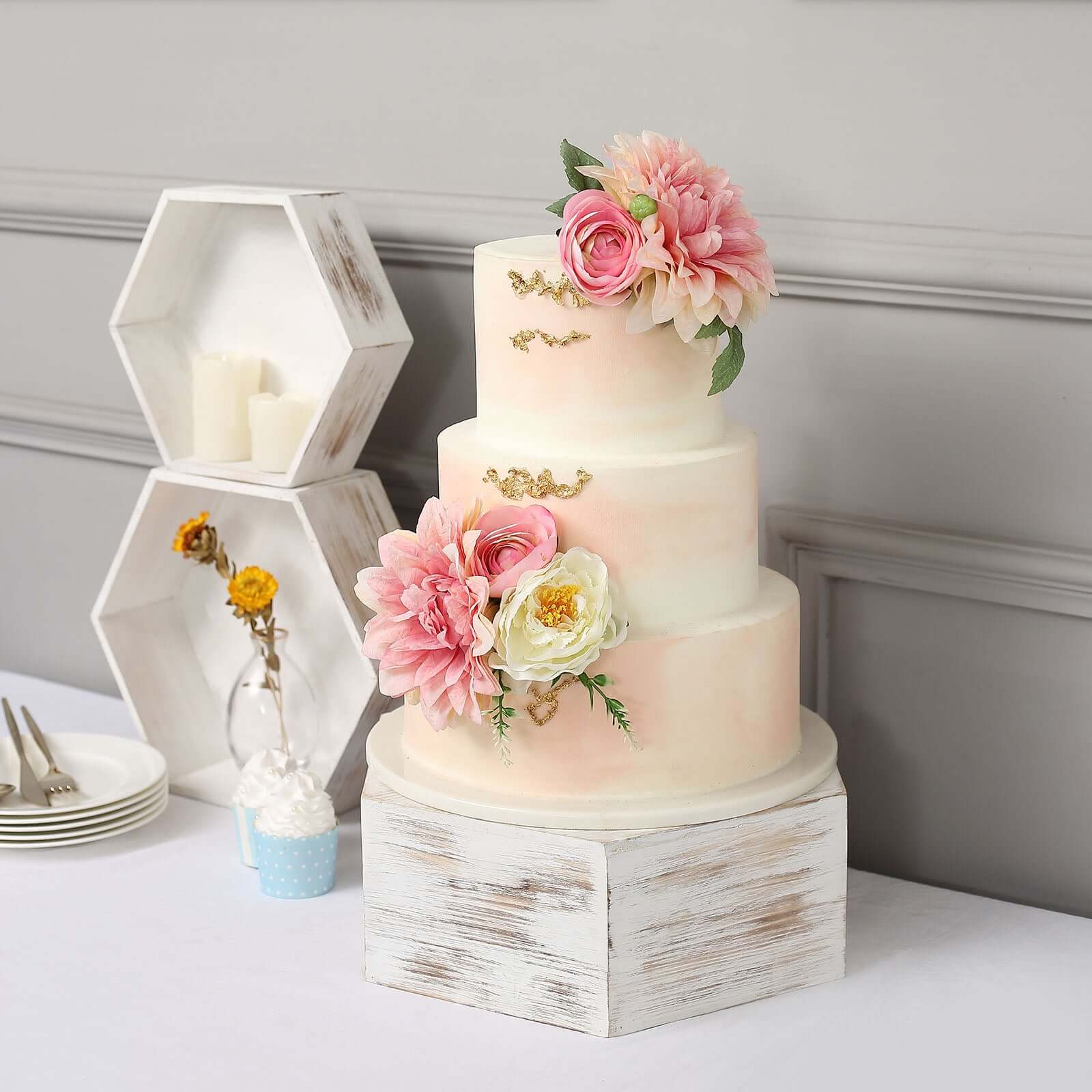 Set of 3 Wooden Dessert Display Boxes 9", 11", 13" Whitewashed Hexagonal Design - Stackable Riser Cake Stand - Image 2