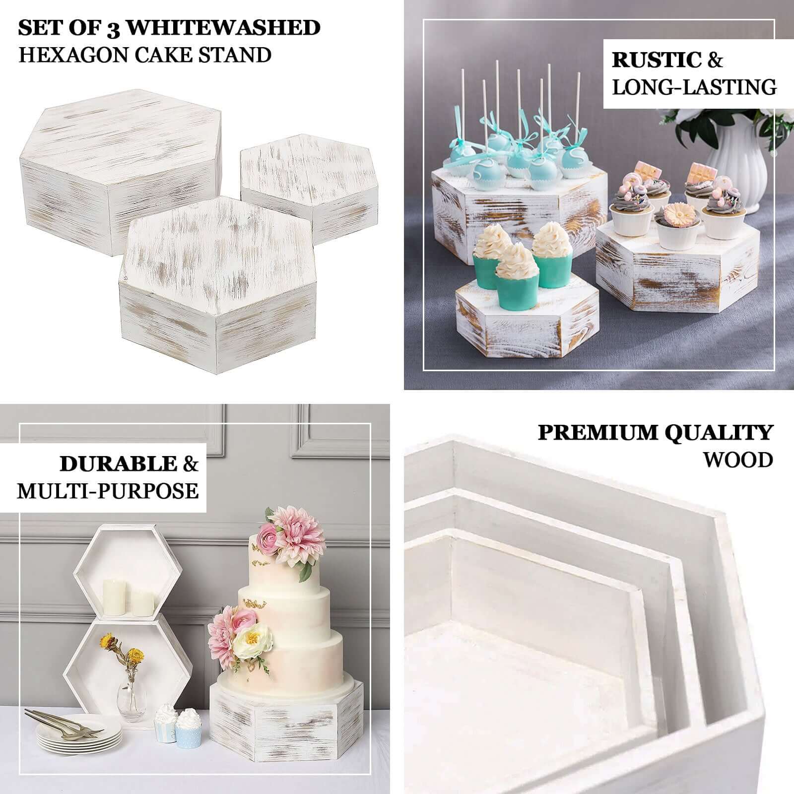 Set of 3 Wooden Dessert Display Boxes 9", 11", 13" Whitewashed Hexagonal Design - Stackable Riser Cake Stand - Image 4