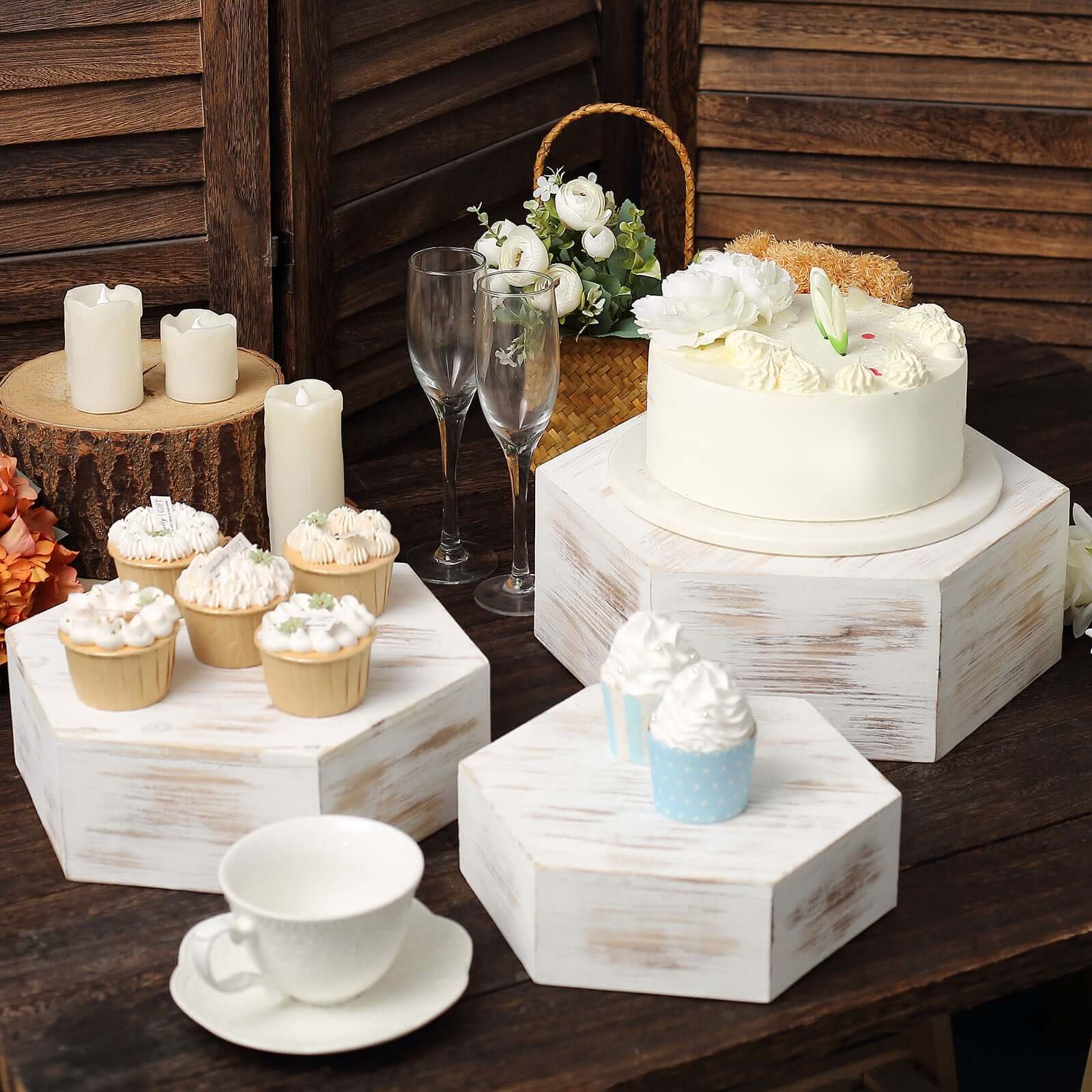 Set of 3 Wooden Dessert Display Boxes 9", 11", 13" Whitewashed Hexagonal Design - Stackable Riser Cake Stand - Image 7