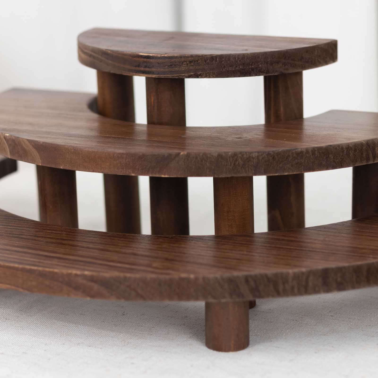 Set of 3 Wooden Dessert Pedestals 7", 13", 18" Rustic Brown 3-Tier Semicircle Design - Half Moon Cupcake Display Risers - Image 6