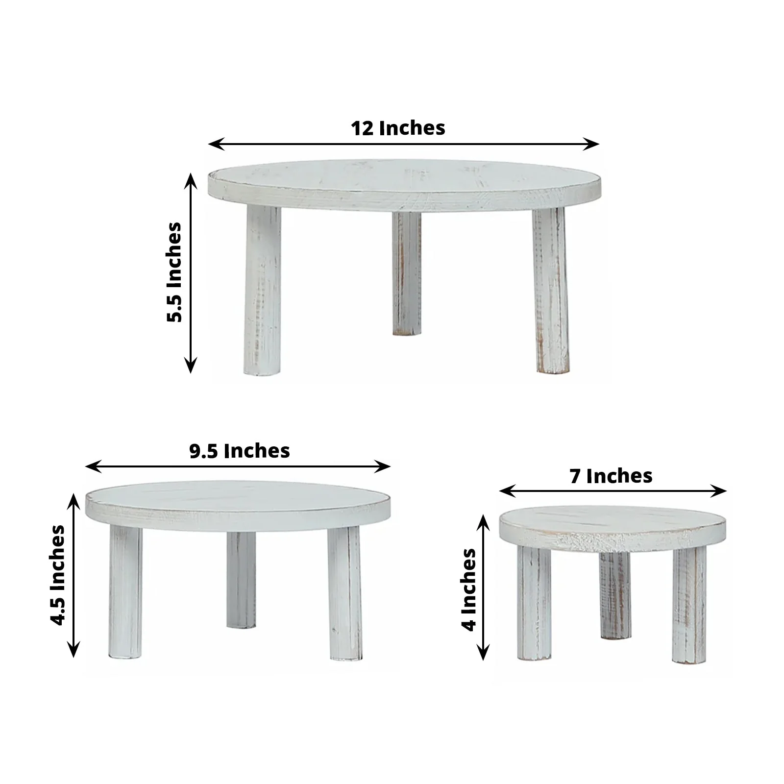 Set of 3 Wooden Pedestal Cake Stands 7", 9.5", 12" Whitewash with Removable Legs - Stackable Round Rustic Plant Risers - Image 3