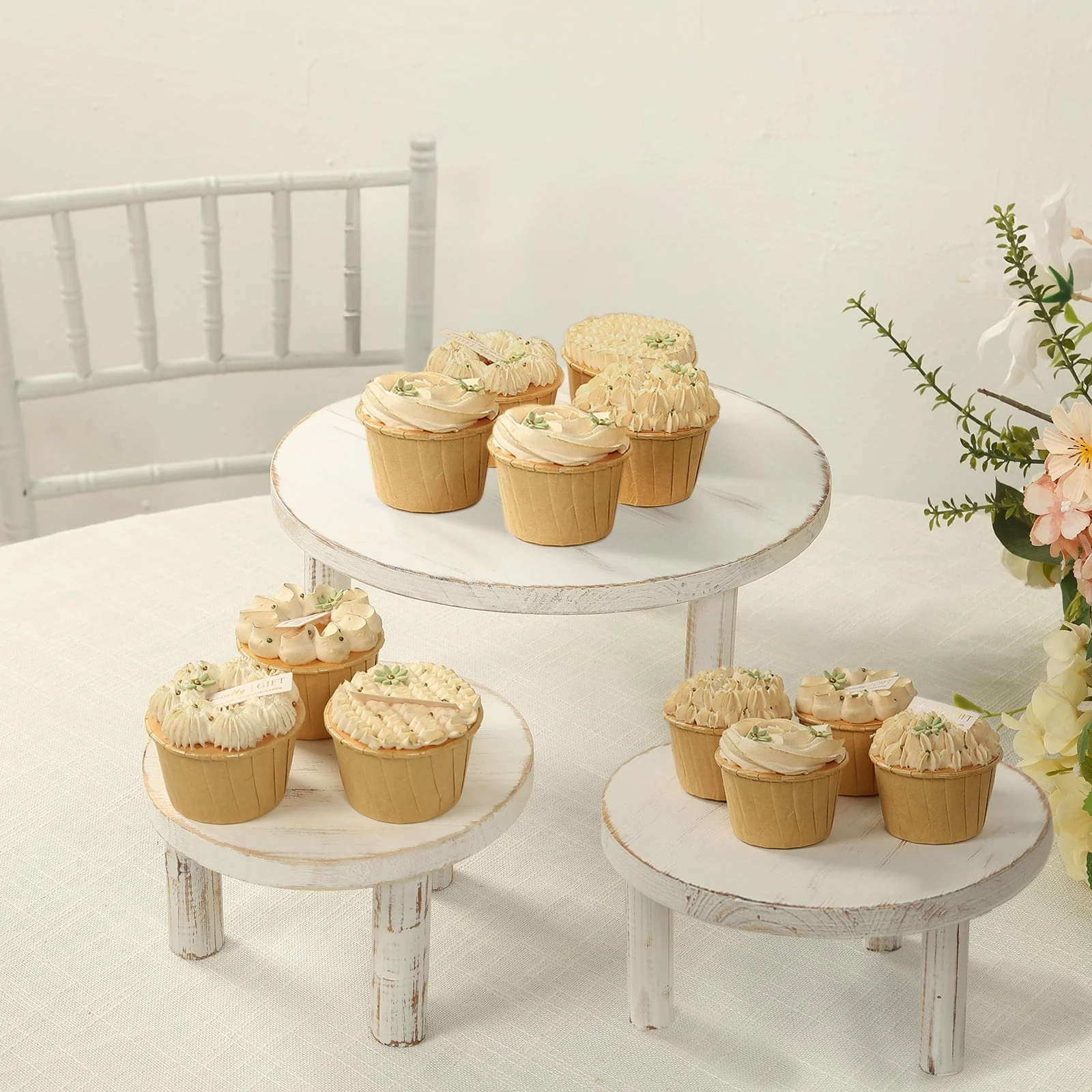Set of 3 Wooden Pedestal Cake Stands 7", 9.5", 12" Whitewash with Removable Legs - Stackable Round Rustic Plant Risers - Image 4