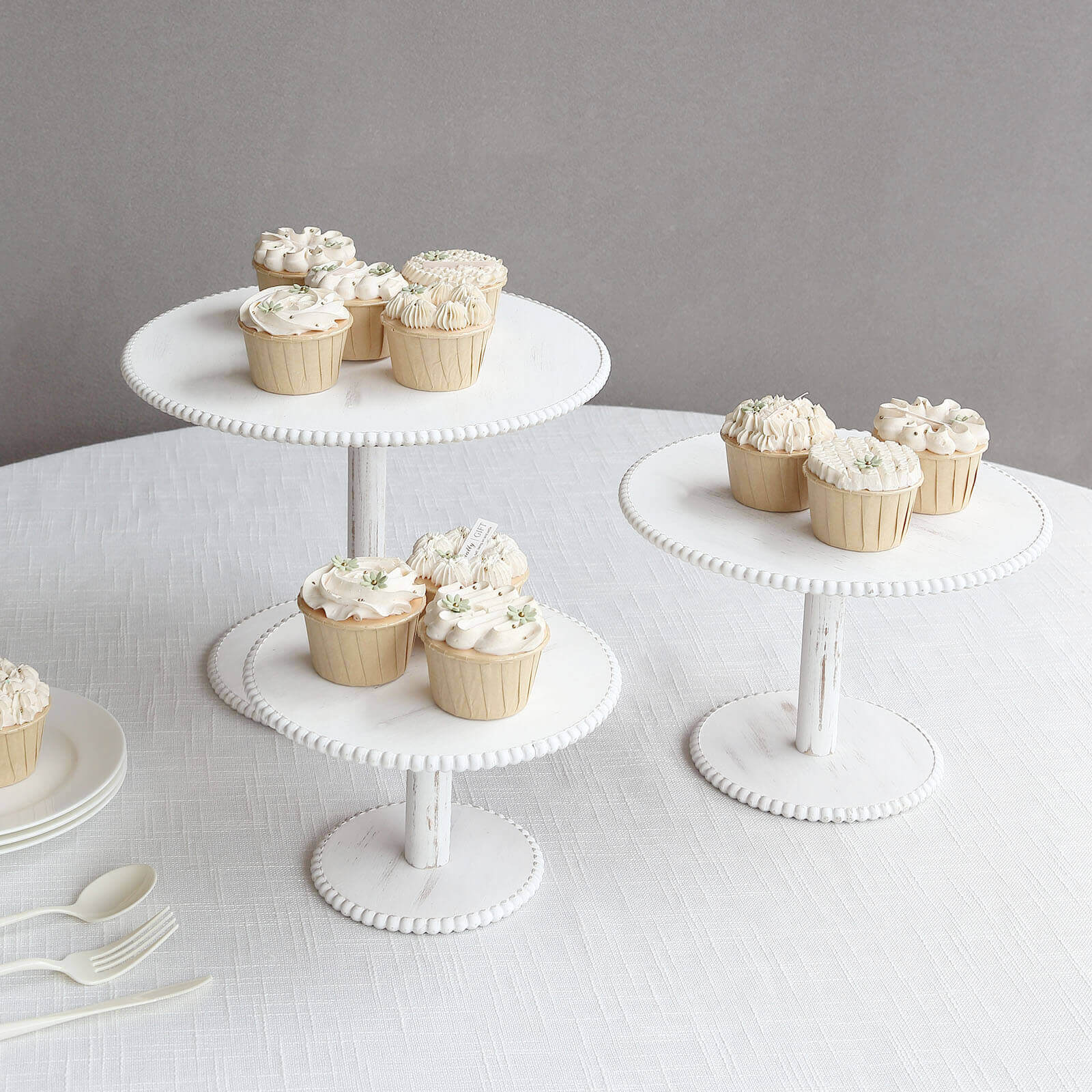 Set of 3 Wooden Pedestal Cake Stands 8", 10", 12" Whitewash with Round Beaded Rim Trays - Stackable Rustic Cupcake Display - Image 6