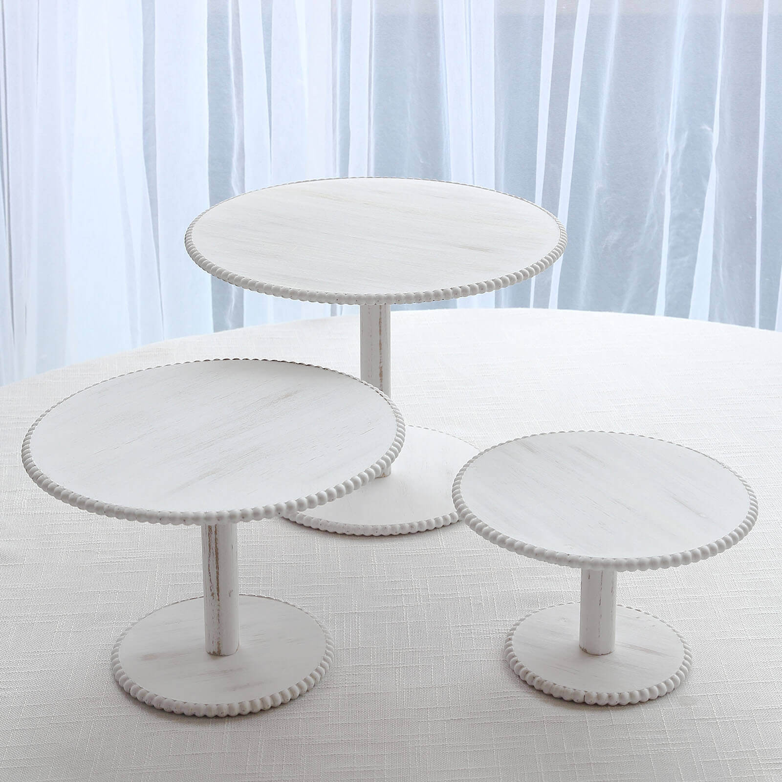 Set of 3 Wooden Pedestal Cake Stands 8", 10", 12" Whitewash with Round Beaded Rim Trays - Stackable Rustic Cupcake Display - Image 8