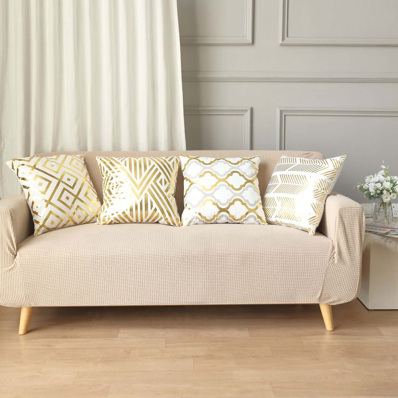 Set Of 4 White/Gold Foil Geometric Print Throw Pillow Covers, Velvet Square Sofa Cushion Covers 18" - Image 2