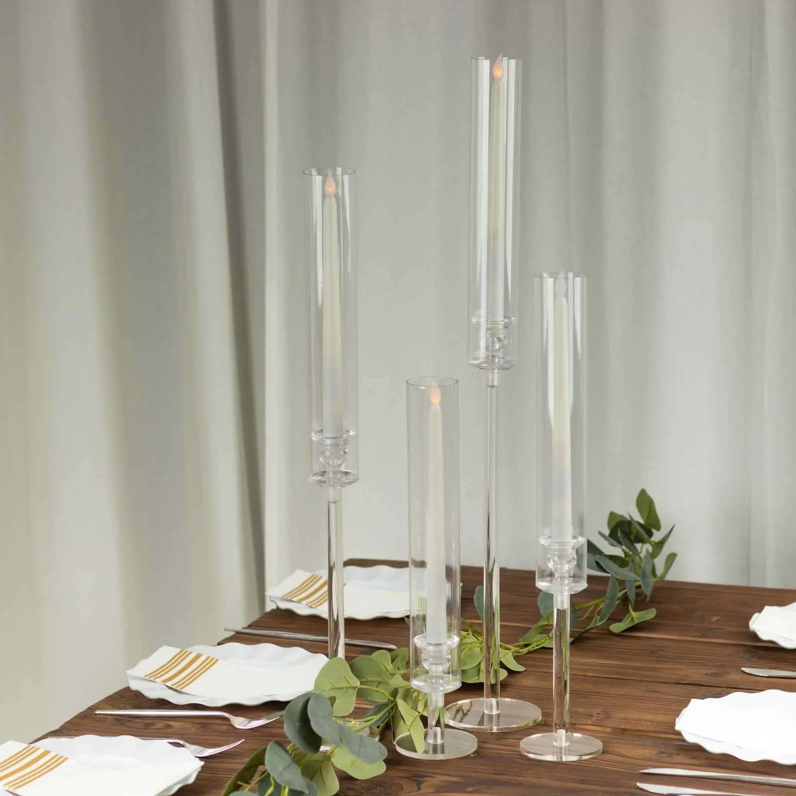 Set of 4 Acrylic Taper Candlestick Holders, Hurricane Candle Stands 14", 18", 22", 26" - Clear Tall Chimney Tube Candle Shades - Image 7