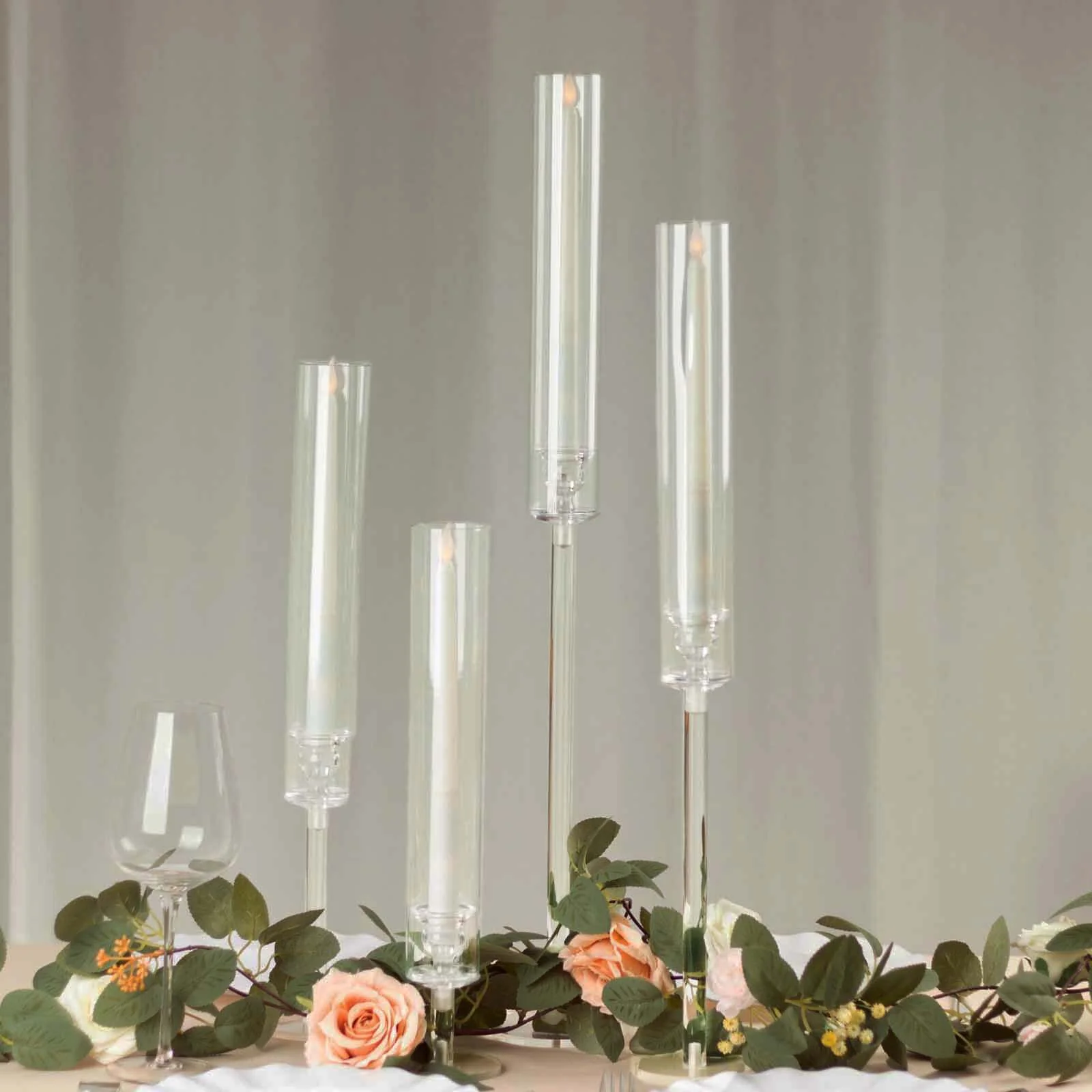 Set of 4 Acrylic Taper Candlestick Holders, Hurricane Candle Stands 14", 18", 22", 26" - Clear Tall Chimney Tube Candle Shades - Image 8