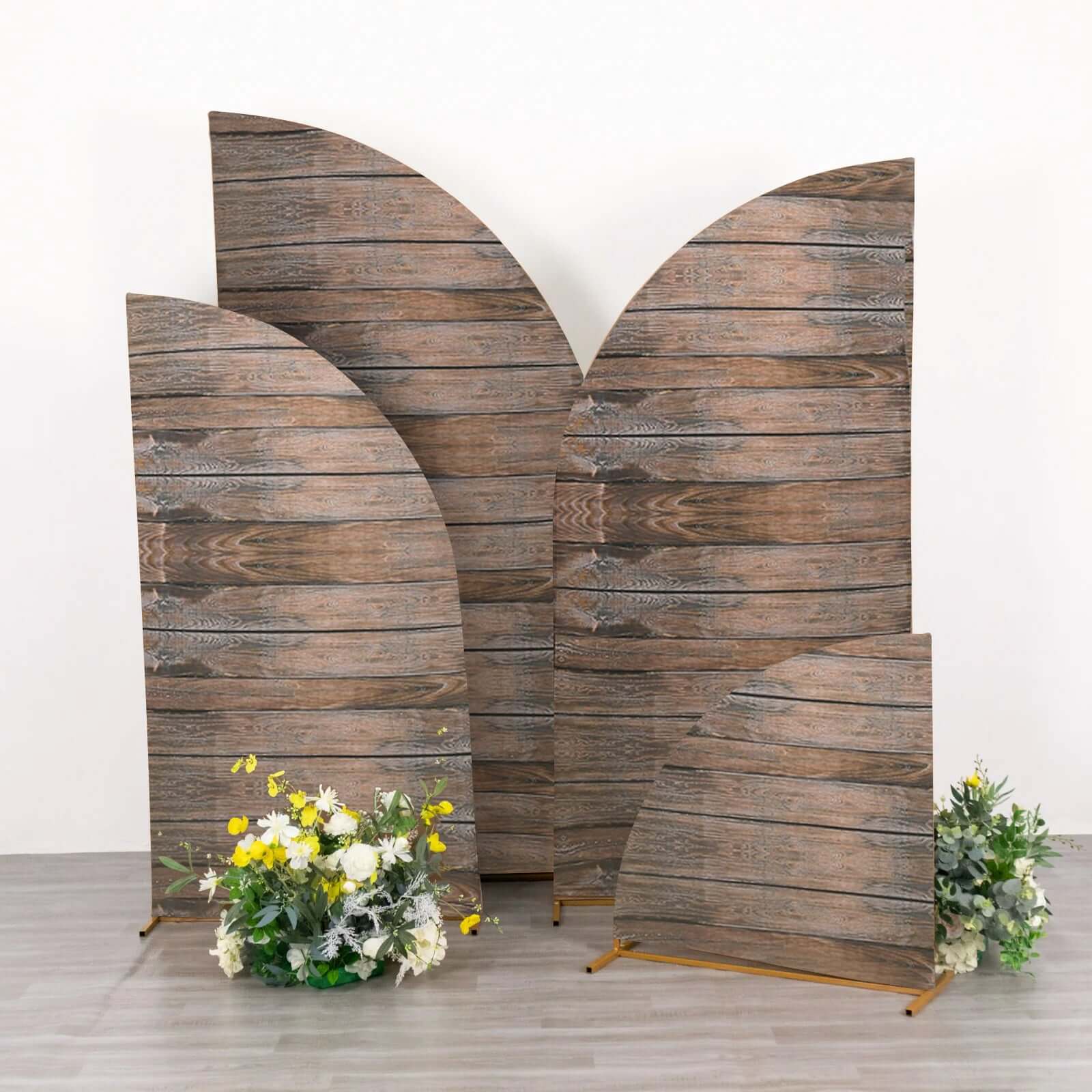 Set of 4 Brown Spandex Chiara Backdrop Stand Covers With Rustic Wood Print, Fitted Covers For Half Moon Wedding Arches 2.5ft, 5ft, 6ft, 7ft